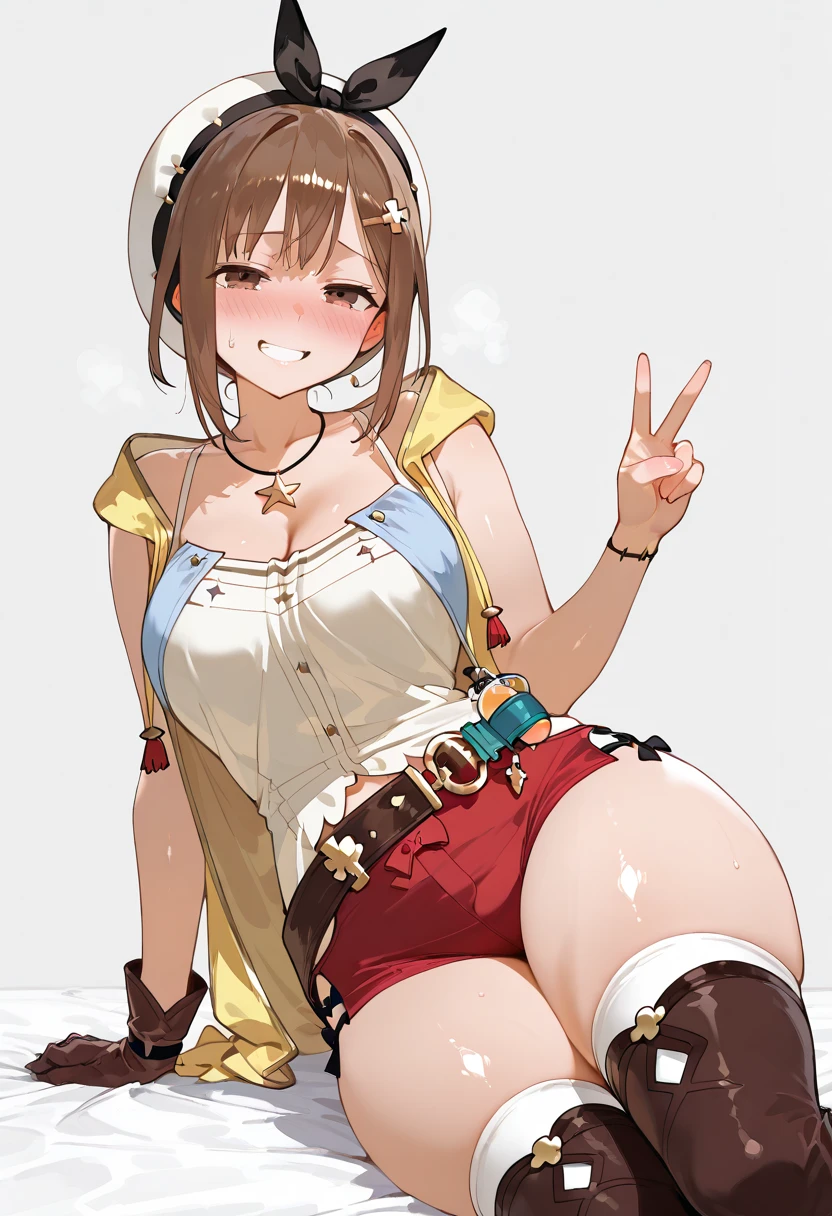 ((highest quality)), ((masterpiece)), (detailed), Perfect Face Liza Lynn Stout, Raisalin Stout, 
Big Ass,Big Breasts,glamorous_expensive_Tight waist_Long legs,curve,Thighs,curvy,
Glossy and realistic skin texture,Shiny skin,
Camel Toe,short hair,Brown Hair,Knee socks,gloves, brown gloves, 片手gloves,レザー gloves, side-tie bikini,White Hat,
Star Necklace,hair ornaments, (Brown eyes:1.5), Hair Clip, 
8k wallpaper, (figure:0.8), (Beautiful fine details:1.6), 
非常にdetailedな顔, 非常にdetailedなCG, (Perfect hands, Perfect Anatomy),
smile, Open your mouth, Sticking out tongue,Sweaty skin,
upper body,From above,kneeling pose,（Facing this way, arms outstretched pose）,cracked cobblestone,Mossy wall,
Waterway,
Surrounded by water, reflection,Breathtakingly beautiful clouds,