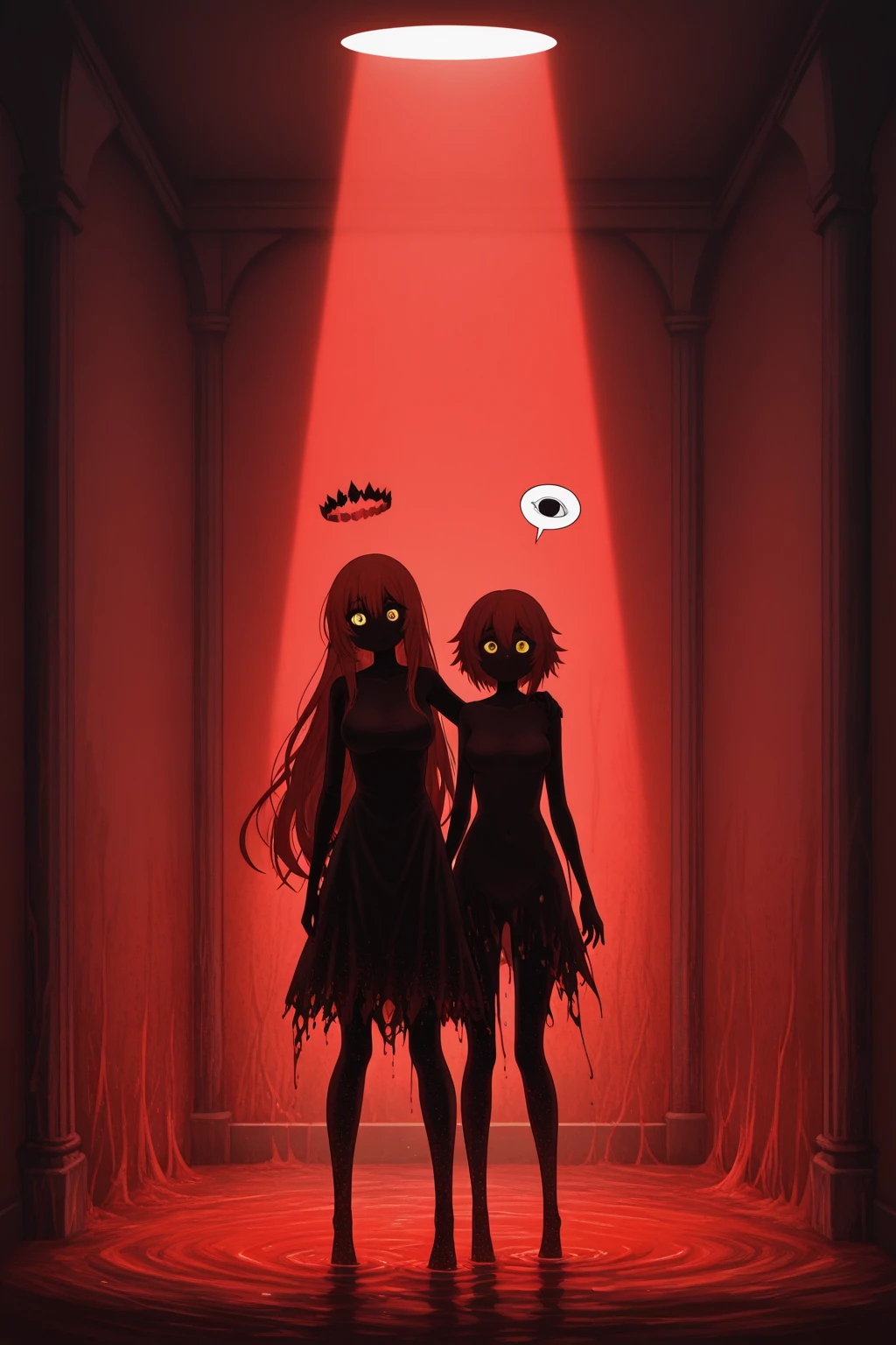 (a very delicate and beautiful）、（Maniacal）、haunted、laugh face、The human、Disgusting、canny、terrifying、独奏、（silhuette）、（、dark backgrounds、Black figure、（silhuette）、skinny  body、The long-haired、Hollow parts、Black、