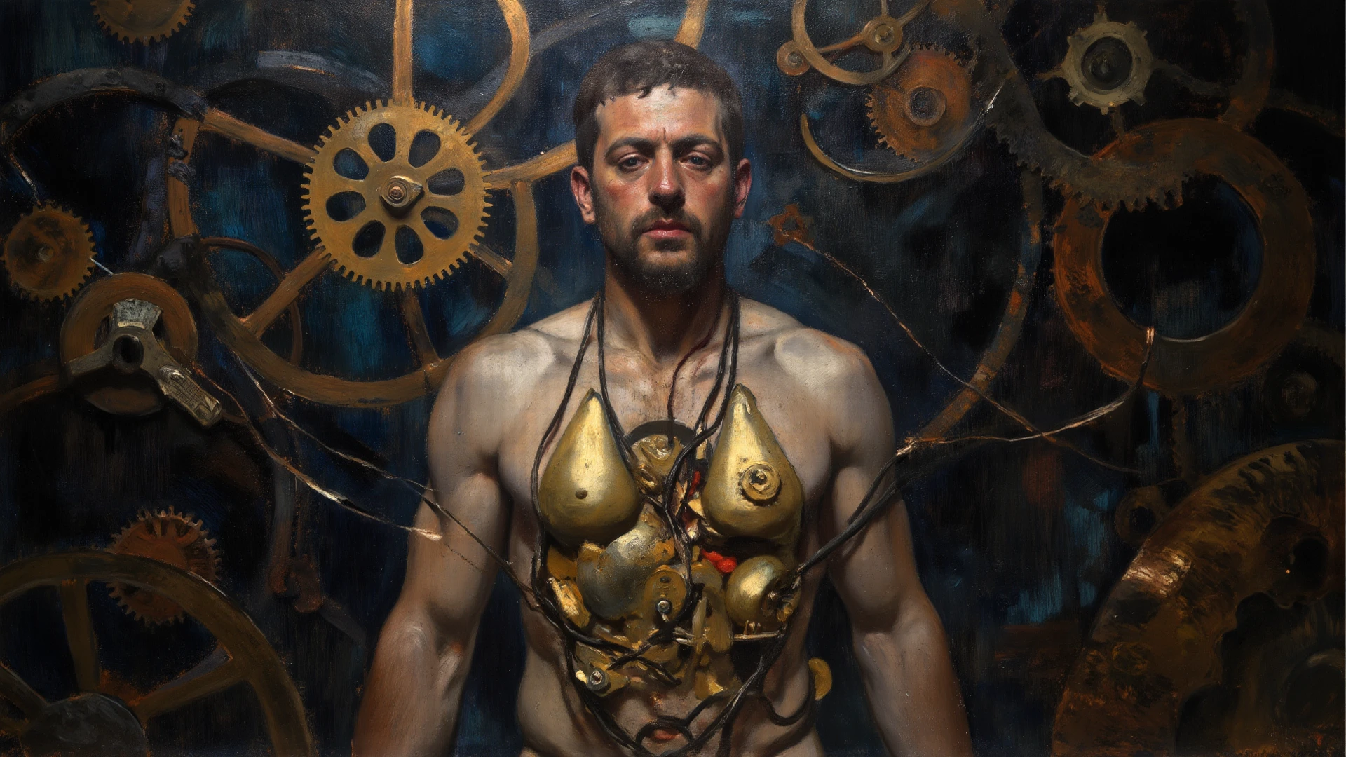 full body, (((renaissance style))) fresco, oil painting of a handsome man, smooth muscles, (((mechanical body parts))) (((Mechanical arms))), head, chest, abs, shirtless, (((white briefs))), renaissance style, chiaroscuro mood, incredible detail, highly detailed, ultra-detailed, (((landscape background))), centered, perfect composition, Landscape background, Style of Sandro Botticelli and Greg rutkowski