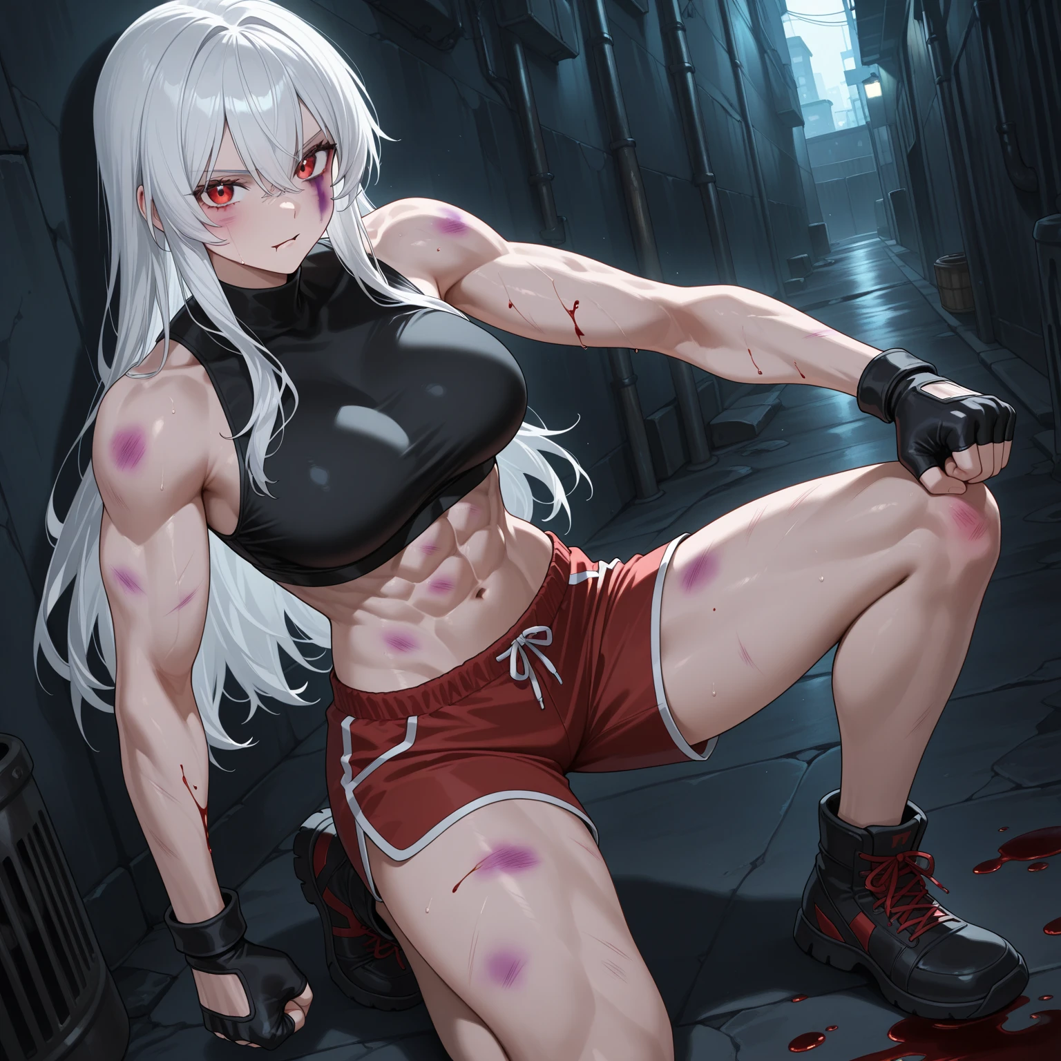 (Highest image quality），（tmasterpiece），（Beautiful CG)，（（（Detailed facial depiction））Messy hair, (Carefully portray the eyes)，full bodyesbian(Carefully portray the body）female pervert，swat，Thrown by the enemy in a wasteland，Hurt expression，Knee protectors，Silver hair，long whitr hair，G-cover，Black combat uniform，Black combat pants，bulletproof vest，Tactical headsets，Tactical training boots，Blood-stained hair，Knee protectors，Bracers，Ankle pads，elbow pads，Blood at the corners of the mouth，The right shoe is frayed，The socks are also broken，The foot is bruised，The legs were covered with bloody bandages，He was slashed 14 times on his left thigh，The right thigh was pierced by a bullet，Shot wound in the right calf，Fractures of both legs，Torn ligament in the left shoulder，Inserted into the back with a knife，Shot 8 times in the back（Preserve the wound with the machete）（Blood is rendered on a large area of the wound）Look straight into the camera，Covered in blood！！！bloods！bloods！bloods！bloods！）gallant，Stabbed through the stomach by 4 bayonets and pushed back，Also fired 9 shots in a row in the stomach， （Save all wounds，Broken，Stained with blood，Look straight into the camera，Covered in blood！！！bloods！bloods！bloods！bloods！Look straight into the camera，Covered in blood！！！bloods！bloods！bloods！bloods！Look straight into the camera，Covered in blood！！！bloods！bloods！bloods！bloods！- Blood bandages are tied to the wound）Battle damage，Defeat，The beaten head broke the blood flow，The whole body was covered with blood marks drawn by the whip！bloods！bloods！bloods！bloods！Covered in blood！Covered in blood！Covered in blood！Sit in the snow，Back against the wall，Blood all over the ground