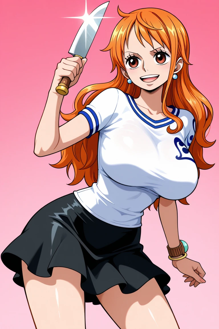 score_10, score_9, score_8_up, score_7_up, score_6_up, score_5_up, score_4_up, BREAK, source_anime, anime screencap, anime coloring, (nami), one piece, smile, pink serafuku, serafuku, pink sailor collar, pink necktie, white shirt, short sleeves, pink micro skirt, thong, zettai ryouiki thighhighs, looking at viewer, (sagging huge_breast:1.2), erect nipples, dirty dark large areola, skinny, slim legs, milf, natural armpit hair, Unshaven black Pubic Hair, nsfw, front view, standing, hand on hip, in the restaurant, one_piece_wano_style