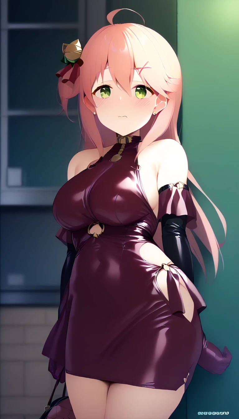 The image is of a beautiful woman wearing a tight fitting seifuki with a short skirt. The outfit is black with white accents. The woman has long flowing pink hair with strands of braided hair tied with red ribbon throughout. She has gorgeous green eyes that shine like emeralds. Her face is youthful and gorgeous. Her breasts are ample and seem too large for her tight fitting black uniform top. She is  in size -a short stack. She blushes as you look at her. She's standing in the doorframe to your bedroom. Slightly embarrassed and nervous but also excited to be with you. The image is ultra detailed with gorgeous colors, perfect line work, and detailed shading.