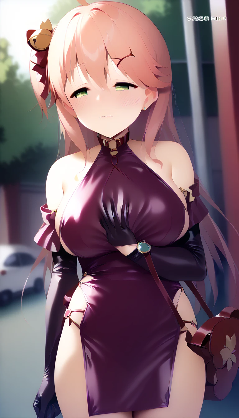 masterpiece, detailed, high quality, (absurdres), high sharpness, high resolution, pomurainpuff, 1girl, solo, (hair ribbon), blush, medium breasts, curvy, wide hips, groin, navel, stomach, (cameltoe), (short dress), revealing clothes, (sweat:1.3, wet:1.3), alley, night, dark, lamppost, cowboy shot,