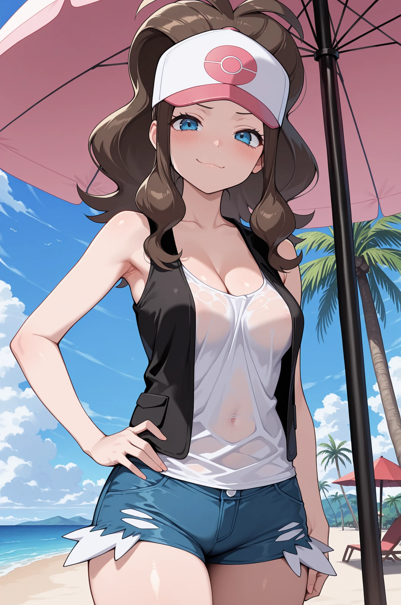 1girl,solo,(masterpiece, best quality, amazing quality:1.4), hilda, hilda (pokemon), blue eyes, brown hair, long hair, ponytail, medium breasts, cleavage, mature female, anime screencap, baseball cap, blue shorts, denim, white shirt, no bra, sleeveless, black vest, smug, hand on own hip, Beach, parasol stand, palm tree, cowboy shot, looking at viewer
