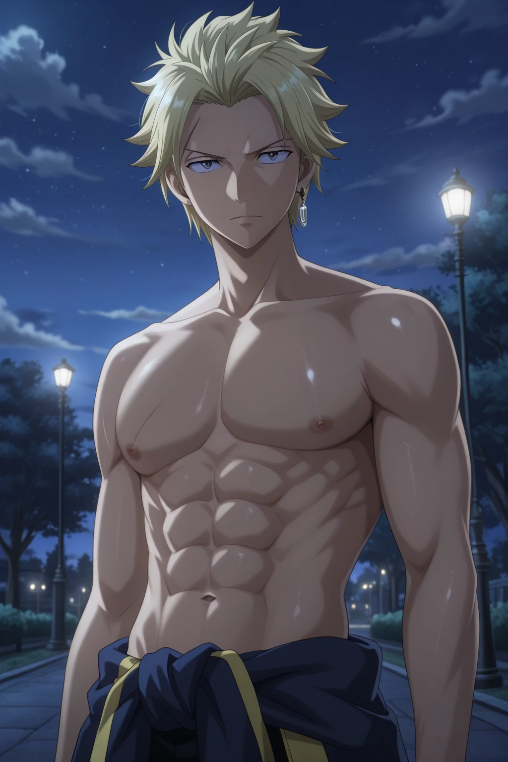 (Best quality, high-res, vivid colors), Bakugou Katsuki standing powerfully, his well-defined V-cut abs and muscular body, (((erect penis and scrotum))) glistening with sweat in a luxurious bathroom, open door, opening door. His strong, intense gaze meets the viewer's eyes tenderly, conveying a sense of vulnerability and intimacy. Every inch of his body is completely exposed, showcasing his nakedness with absolute confidence. The details of his eyes and face are exquisitely rendered, capturing the intensity and determination that define his character. The lighting accentuates his chiseled physique, casting shadows that emphasize the contours of his muscles. The scene is filled with a warm, golden color palette, adding a touch of sensuality to the atmosphere.