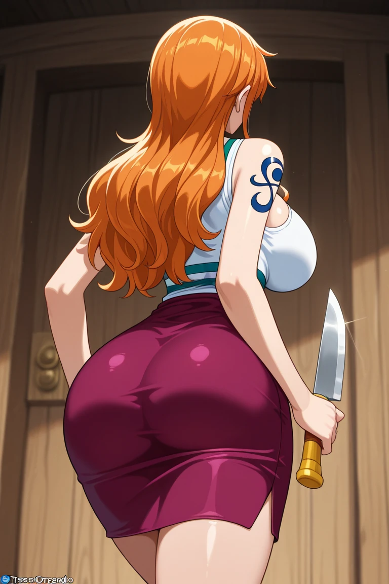 nami (one piece), long hair, orange hair, brown eyes, earrings, bare shoulders, shoulder tattoo, bracelet, milf, motherly, mature female, big tits, mature woman, huge tits, super busty, milf, nude, ?????, sweating, ahegao face, wooden ship, on the ship's deck, ocean, night time, ((best quality, masterpiece, high resolution)), detailed face, detailed eyes, (good anatomy), from behind views, pubic hair, ass, ???? gape, massive, wet vagina's, close up, ????????