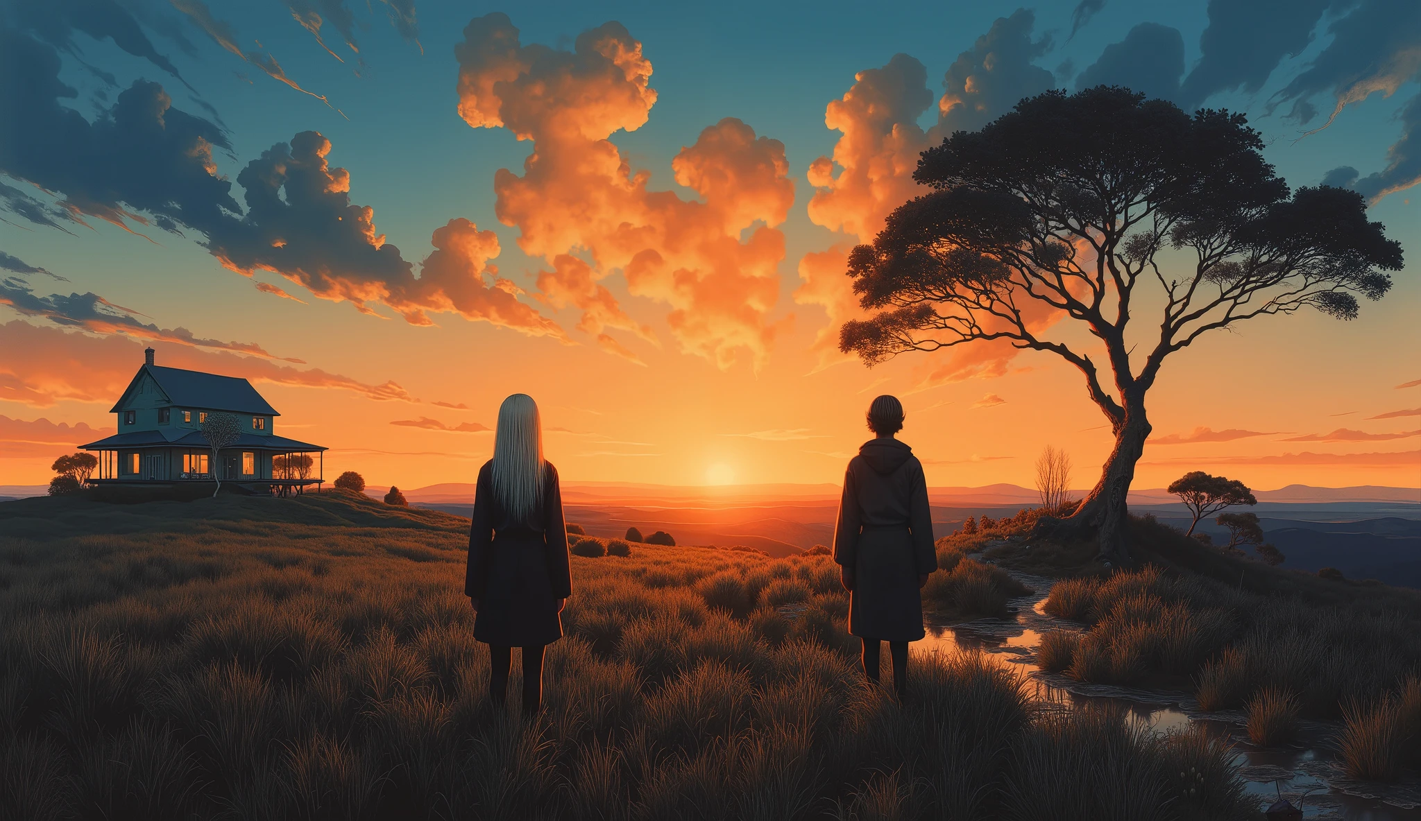 unique , Prairie, Sunset , standing in the teacher's house, Blonde Long, ((Baltolome Style)), darkness,SF, ((top quality, masterpiece)), (More Rights , 高details), 8,000,canvas oil painting
It emits a soft glow, Extraordinary Beauty . ((top quality)), ((masterpiece)), ( details),two female persons, , cool guy, information(masterpiece, Best Quality, bst quality, Official Art, beautiful and aesthetic :1.2), ( 1 girl), Extremely Detailed ,( Fractal Art :1.3),colorful, Best details, black hair, blue Eyes 、zodiac, Elegance, clear, Elegant, , slim legs, super high angle, deer, valley,