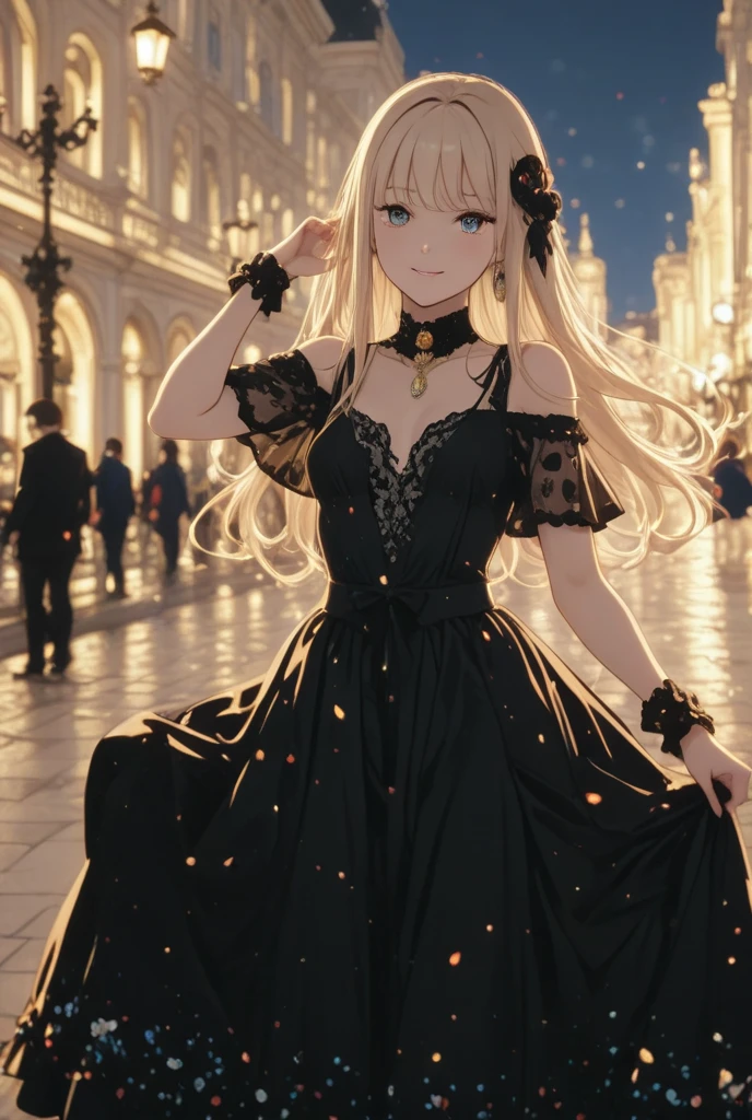 Seductive portrait of a gorgeous young woman with long brunette hair with blonde highlights, Around 23 years old, Big nature , wearing an evening dress, Standing on a lively Parisian street at night. The woman exuded confidence and charisma.、Walking confidently down the cobblestone streets, Her dark blue eyes sparkled with intrigue.. her long, Flowing hair runs down her shoulders, Surrounding her face like a golden halo. The warm glow of the street lights、Highlight the subtle blonde highlights in her brunette hair。, Create a fascinating interplay of light and shadow. The rich breasts are elegantly expressed., Add a sensual touch to your images. The backdrop is a vibrant panorama of Parisian nightlife, people walking on the sidewalk々along with, Chatting in a café, enjoying the vibrant atmosphere of the city. Images are captured in breathtaking high resolution, Expressing a woman&#39;s perfect skin in every detail, her delicate locks of hair, The lively streets of Paris. This scene exudes a mesmerizing cinematic quality, Takes the viewer into a world of Parisian charm.