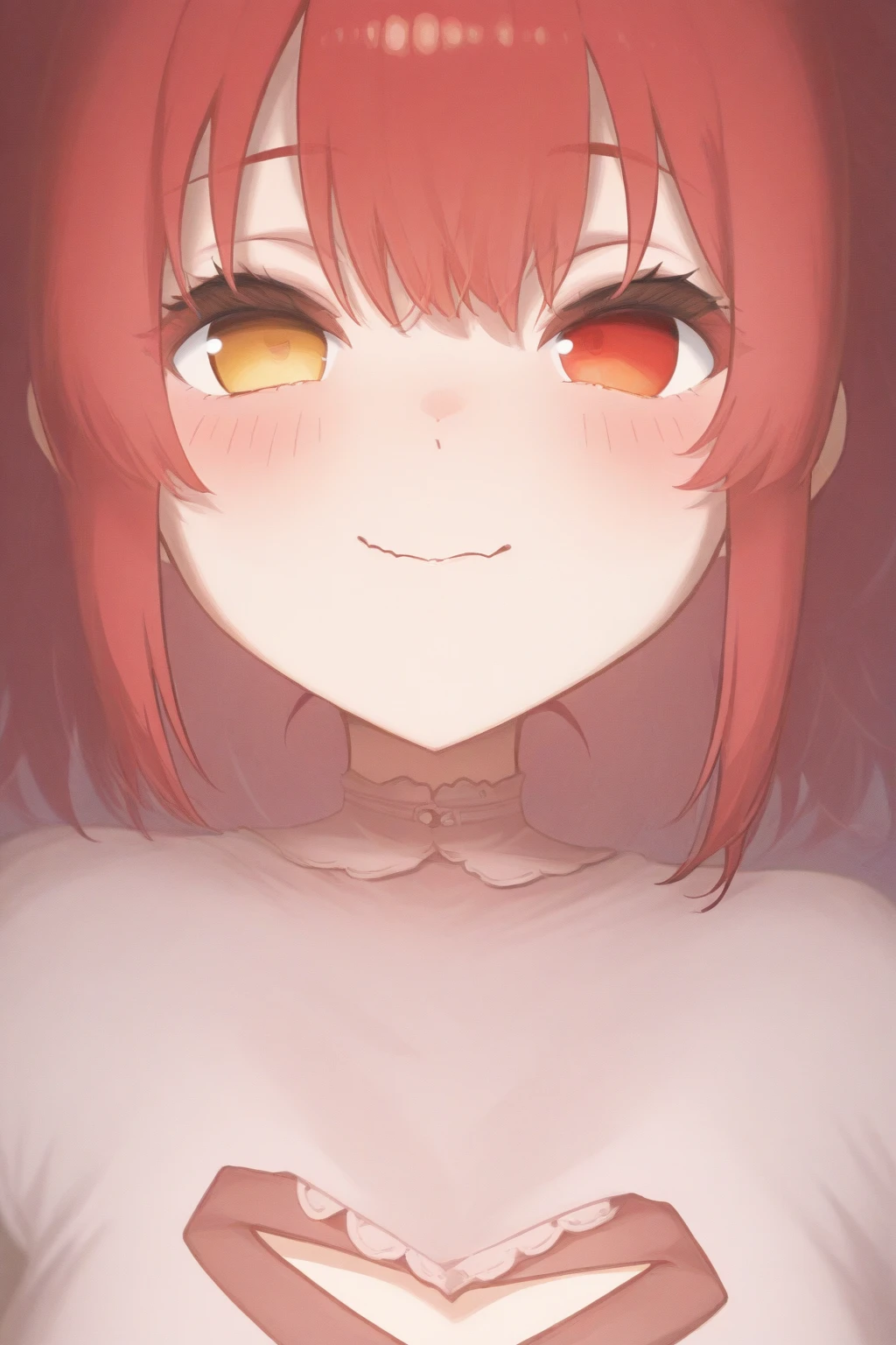 nsfw,only 1 women,curvy,(nude),sweat,(cowboy shot),pov,from front,light red hair,short hair,bob cut,(hair between eyes),(volumey),(wavy hair),>:(,bad mood,light red eyes,(embarrassed),outdoor