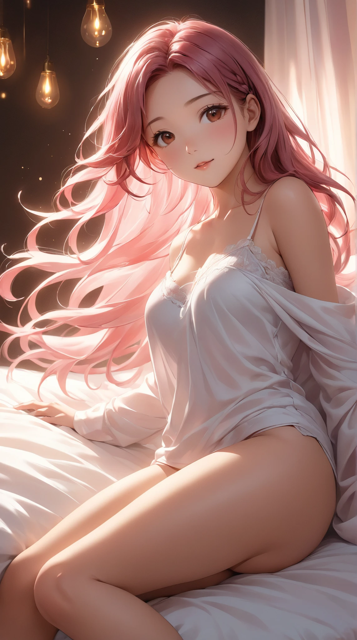 big bust,long hair, skirt, 1girl, pink hair, white skirt, Arm up, a sad face, I like you to the maximum.,She is in a sleeping position with her buttocks slightly visible, with an expression that says she wants to kiss you as much as possible.,slightly difficult posture