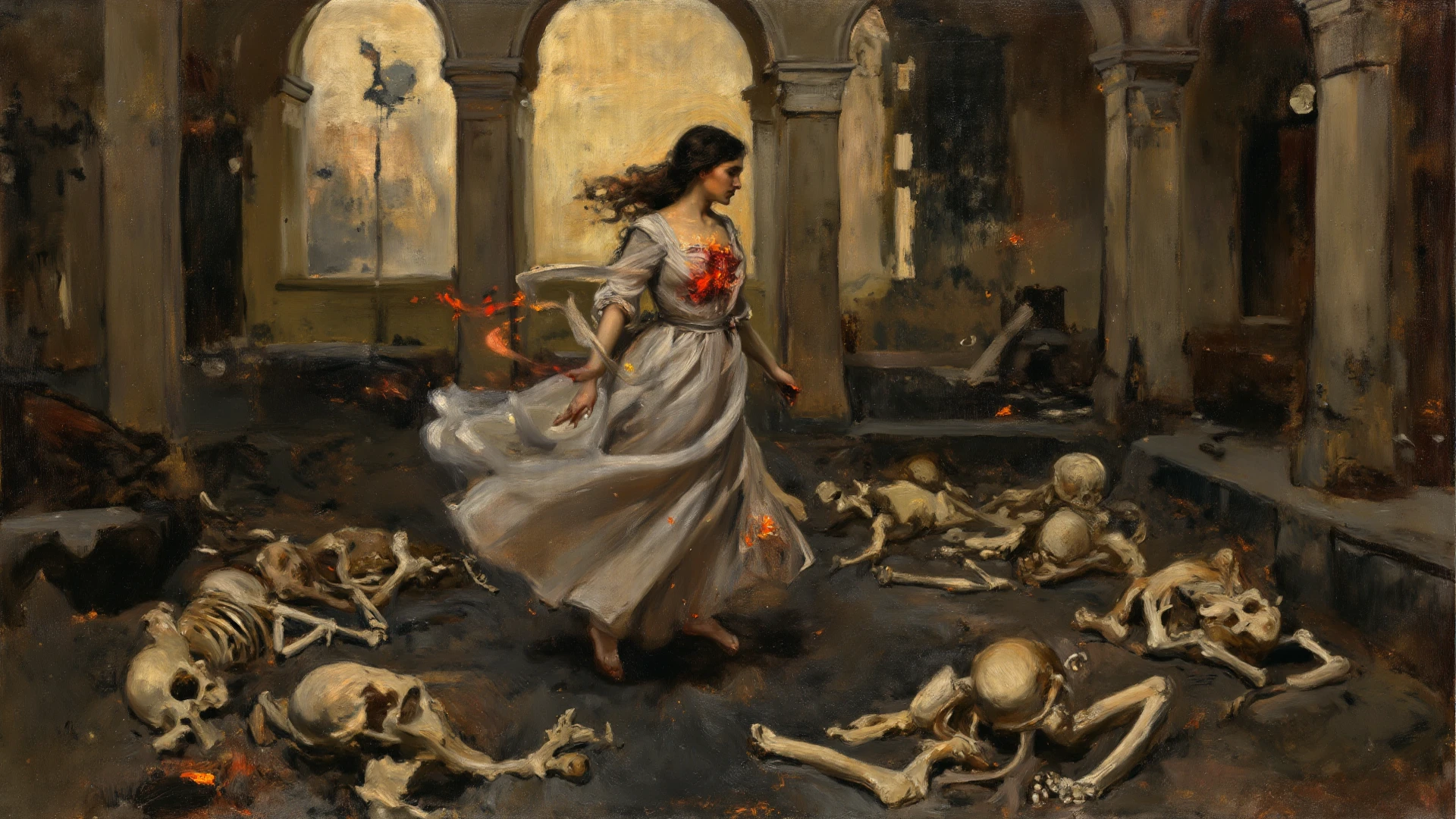 A stone statue of a female angel,Wearing a white robe,There was blood on the robe,The angel stands on a circular stone platform,In the church,The angel has a pair of angel wings on his back,There are a lot of lit candles at your feet,There was blood everywhere,Two lines of bloody tears flowed from the angel's face