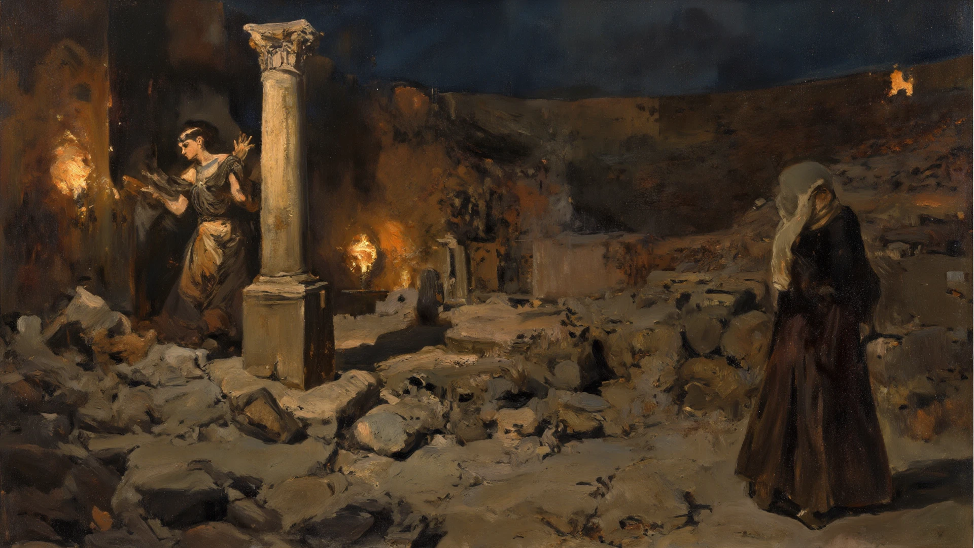 Debauchery and lechery of roman people with their Caesars on the left side, persecution and martyrdom of christians on the right side, divided by a dark wooden cross splattered with a little blood.