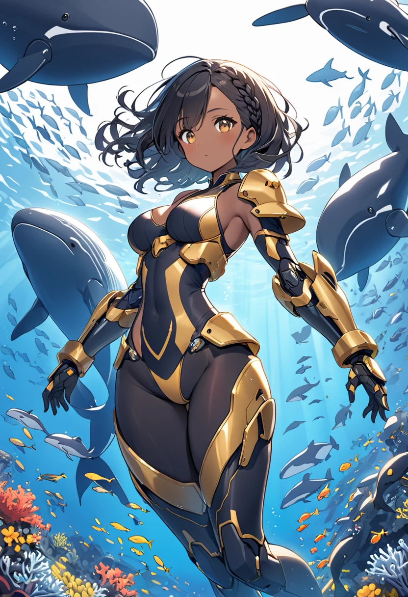 biomechanical cyberpunk expressionist <lora:mttck_v3:1> masterpiece, best quality, 1girl, close up, medium black hair, golden eyes, long blue dress, white bow, gold brooch, ocean in background, boardwalk, railing, smile, gentle breeze . raw, emotional, dynamic, distortion for emotional effect, vibrant, use of unusual colors, detailed . cybernetics, human-machine fusion, dystopian, organic meets artificial, dark, intricate, highly detailed