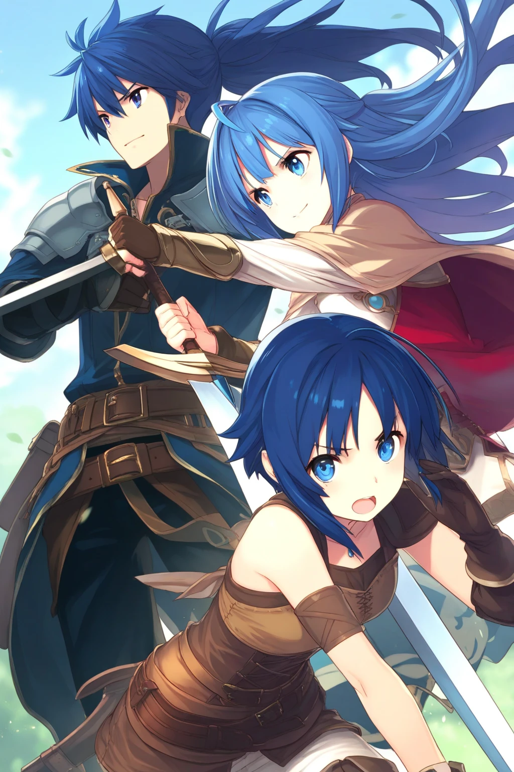 (((boy))), Blue hair, 2 blue curls to shoulder length, bangs on one side, Blue eyes, cryo eye of the snow god, originally from Inazuma, weapon one-handed sword, katana