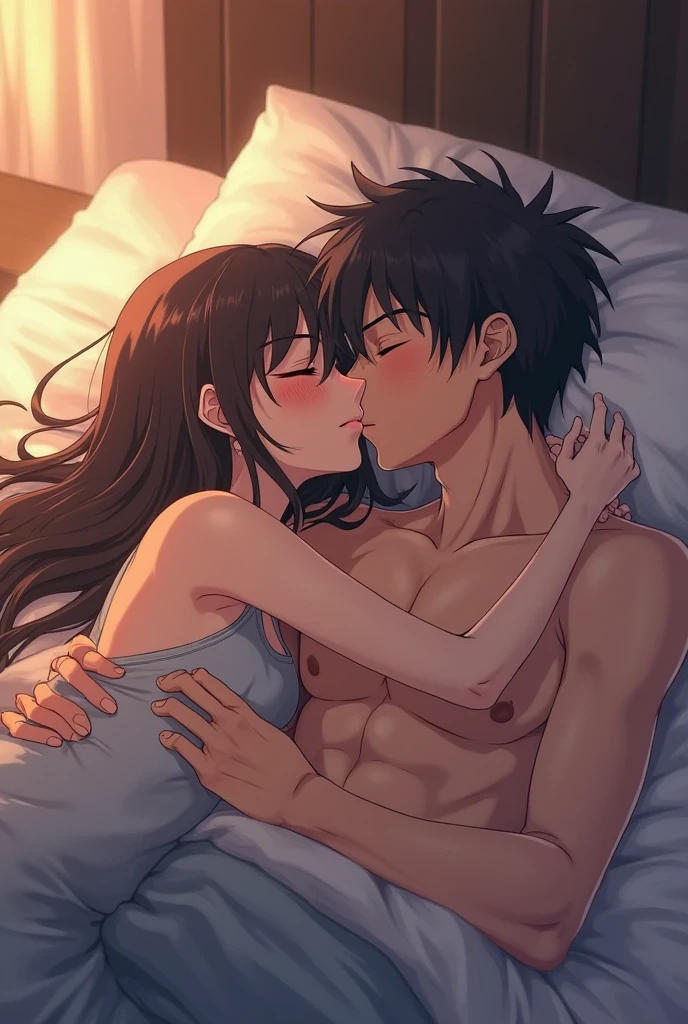 An anime boy in bed with his sister kissing enjoying on top of the boy having hard sex naked 