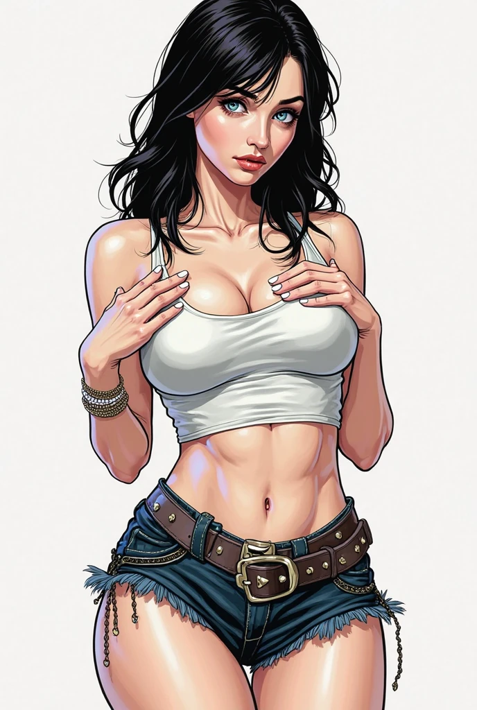 Character style illustration style Completely bare breasts showing a little fear Breast size Cartoon name: Isabella Cruz white background medium breasts freckled face Jennifer Connelly actress strong contours Physical description - long straight hair, tingidos de um marrom vibrante que contrasta com sua pele clara. - You reflect a mix of curiosity and determination. - Ela tem uma estatura alta, with a slender and agile figure, evidenciando sua agilidade e destreza. -fundo colorido Design de personagens de retrato, beautiful digital illustration, retrato de alta qualidade, Arte em quadrinhos, Corpo inteiro sensualizando ou pelada. folha de retorno. return sheet clothes of the day hellish day