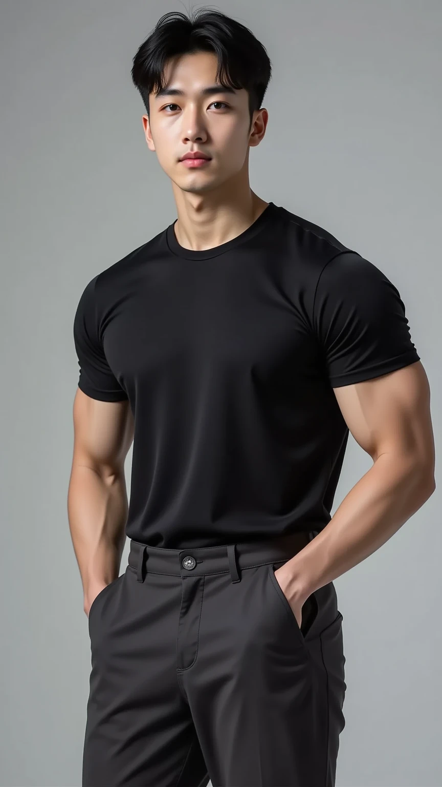 melayu bodybuilder man wearing black muscle tank top, full body, body in 45 degree angle to the left from camera, soft studio lighting, plain background