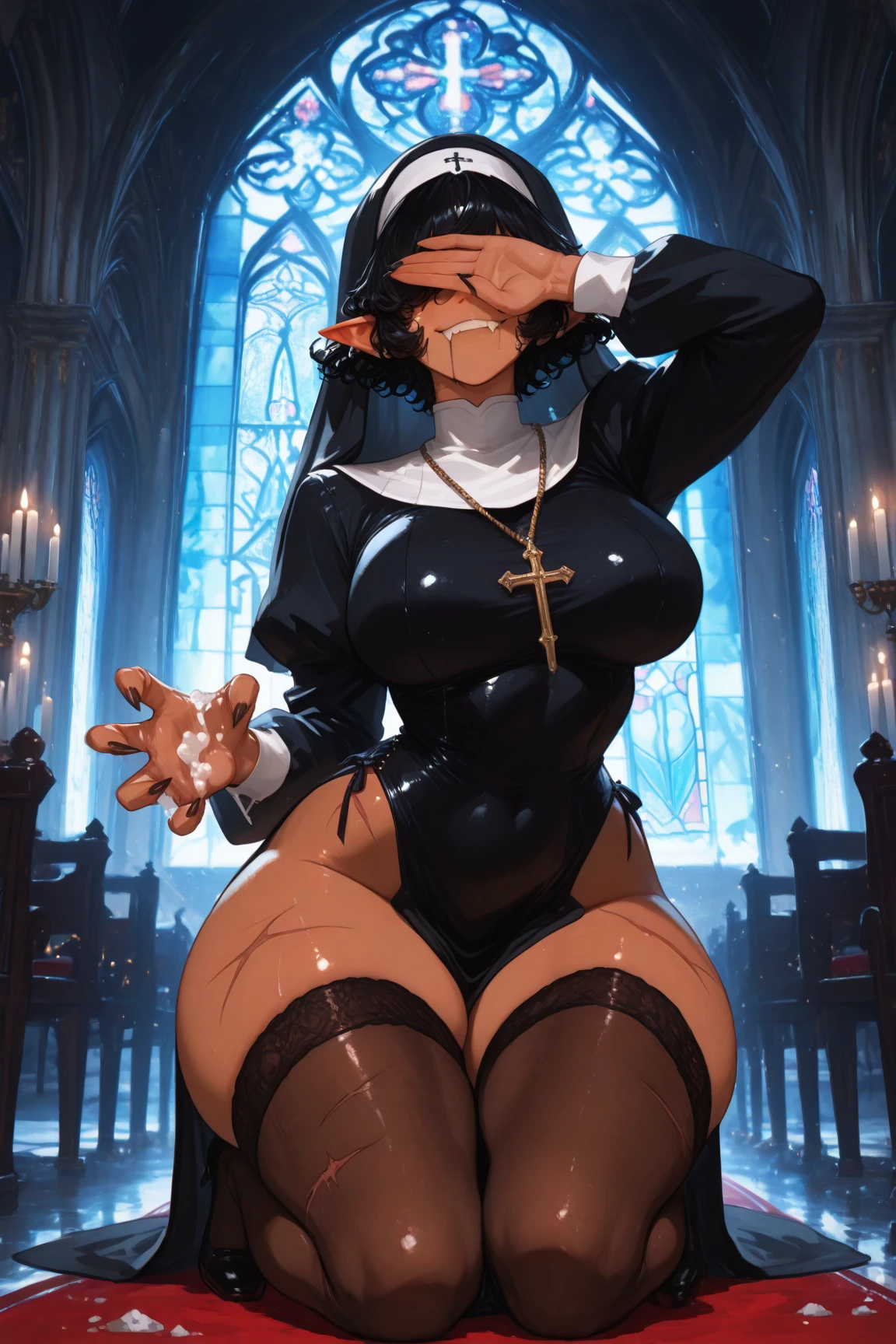  score_9, score_8_up, score_7_up, score_6_up, rating_explicit, hope_fortnite, blue hair, beanie,(score_9, score_8_up,score_7_up , 
1 futanari, solo, bulge,  praying, eyes closed , sexy body, hourglass figure, skindentation, glowing pupils, glowing eyes, black lips, massive hips, slim waist, large natural breasts, huge ass, 
In church, candles, altar, 
(white fantasy priestess cosplay), white lace lingerie, white stockings, garter belt, garter straps, white hood up,