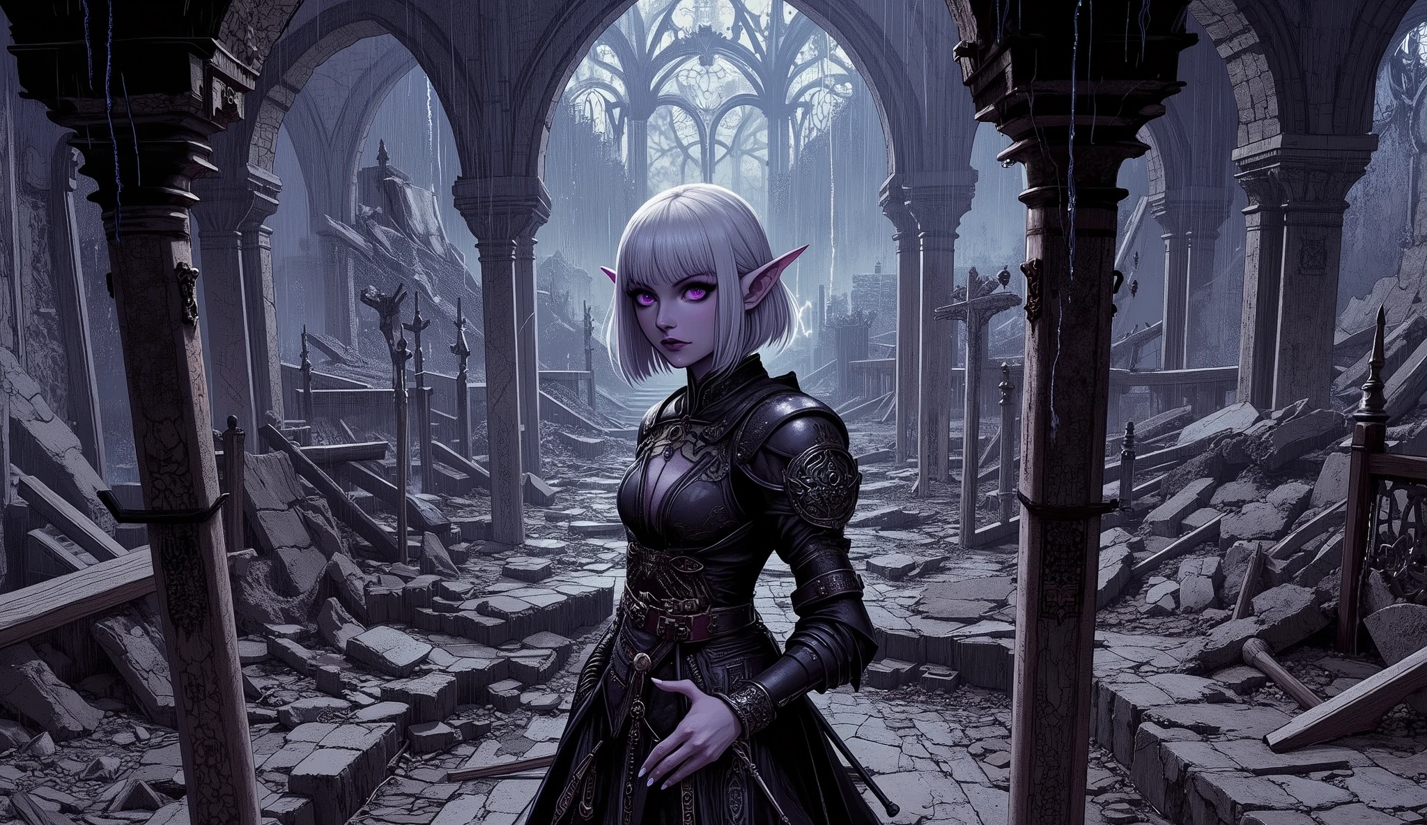 (A fusion of Ukiyo-e and dark fantasy. Aesthetic and gothic digital art. Illustration from a bird's eye view.) BREAK (White hair. Blunt bangs. White eyebrows. Long white eyelashes. Almond-shaped eyes. Lavender eyes. Dark, thick eyeliner. Small pink lips. Slightly pointy ears. Dark purple skin. Thin limbs. Thin fingers. White fingernails. One thumb and four fingers accurately drawn.) BREAK (A dark elf female vampire hunter, clad in weathered, dark leather armor with silver accents, meticulously examines disturbing traces of a recent village attack within the utterly ruined and desolate interior of a medieval Romanian church. The church's stone arches are crumbling, and skeletal wooden pews are overturned. Torrents of rain lash down outside, visible through the shattered stained-glass windows. A blinding flash of lightning illuminates her sharp, elegant silhouette against the gloom, highlighting her intense, focused expression and the intricate elven engravings on her dagger hilt. The air is thick with the smell of damp earth, decaying wood, and faint iron. Gothic architecture, hyper-realistic, volumetric lighting, cinematic, 8k, highly detailed, dramatic atmosphere, grimdark fantasy.)