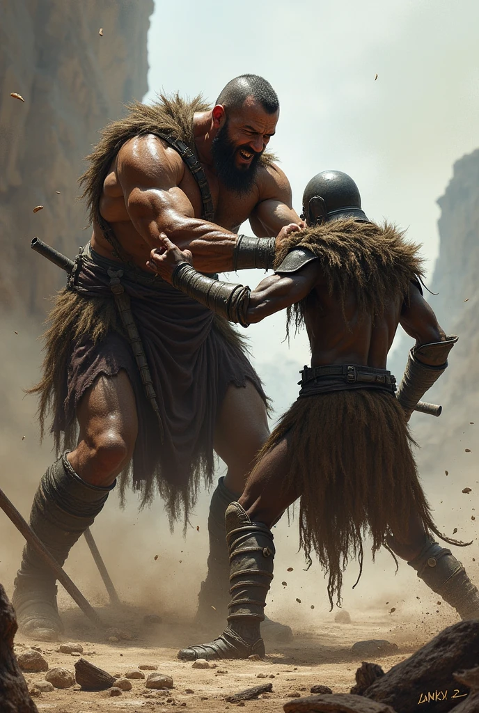 A gladiator fighting with two fearless giant primitive man
with a primitive weapon, in a battle arena, summer season, surrounding with many crowd people, masterpiece, artstation HD, ultradetail, 8k