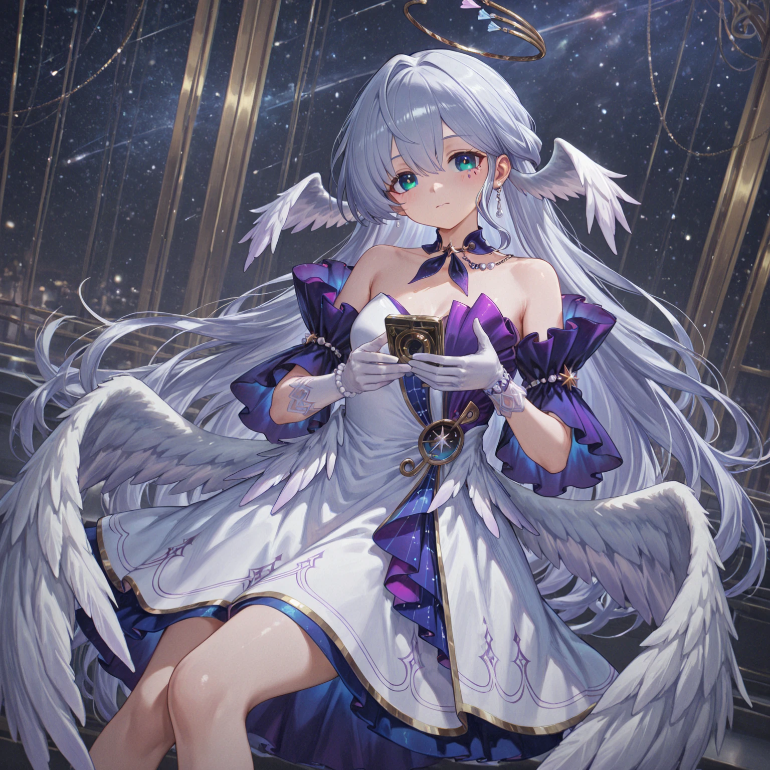 1 person、Mature、Ample breasts、Long Hair、White Hair、Curly Hair、Trimmed bangs、White skin、Purple Eyes、Long eyelashes、White costume、necklace、bracelet、Jewelry decoration、Ballerina Costume、in the forest、Night Forest、mysterious、Earrings、Angel Wings、Transparency、Diva、Open Mouth、smile、Diva、Blue light、Garter on the thigh、High resolution、Highest quality