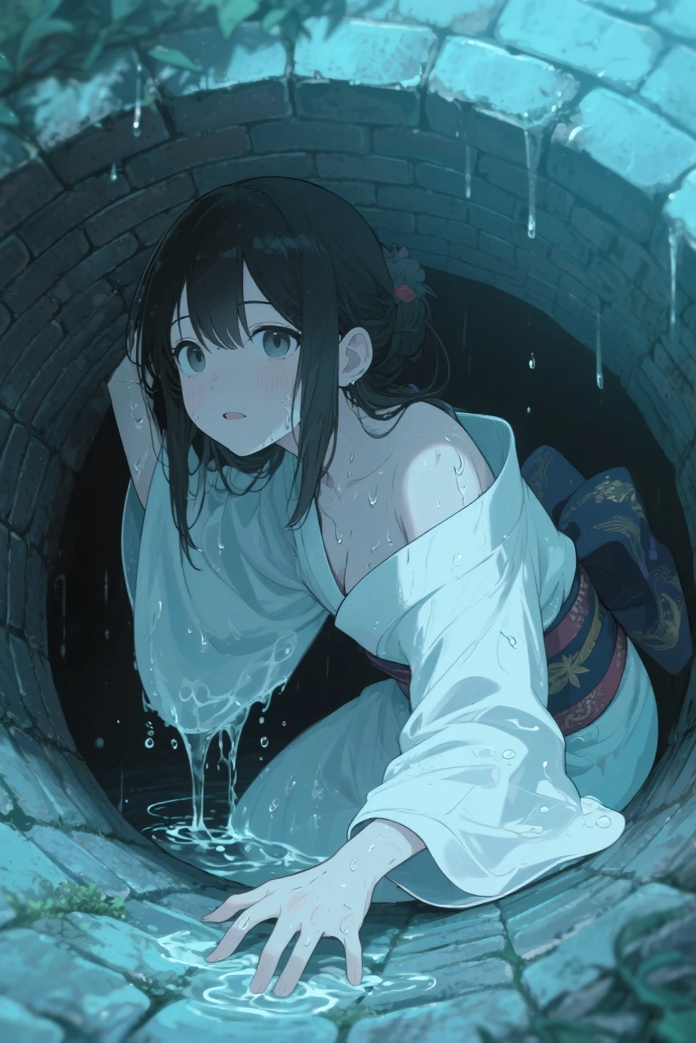 A girl with a scary face wearing Japanese clothes is sticking her head out of a deep well.