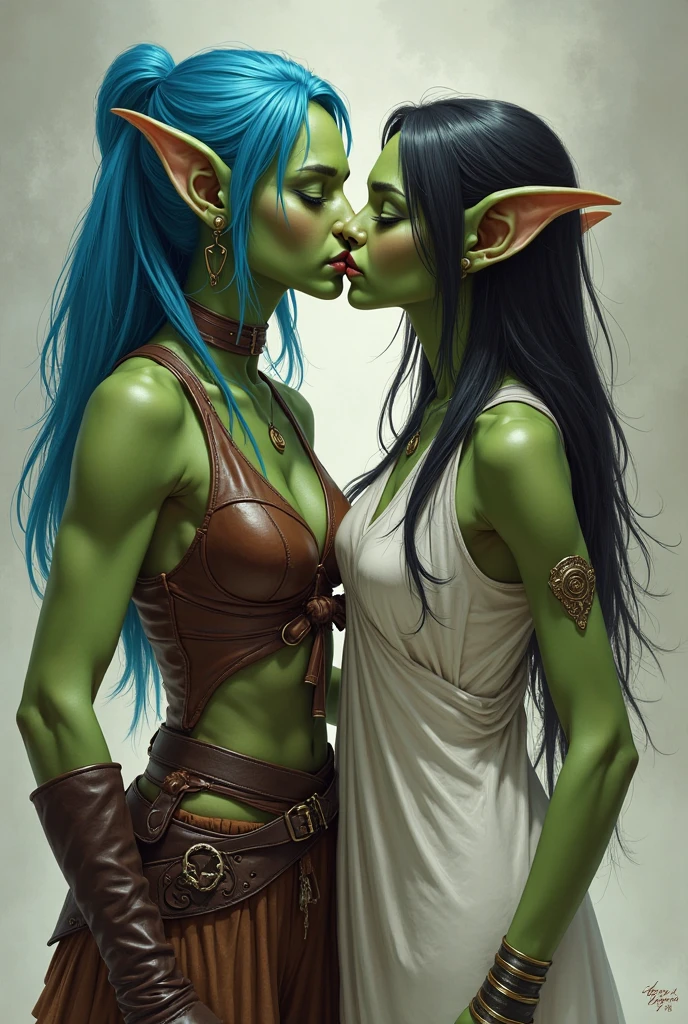 (masterpiece, best quality, detailed:1.2), (real picture, intricate details:1.1), 2girls, (1girl, orc girl, orc, green skin, black hair, braided hair, (beautiful face, perfect face), curvy, heavy breasts, tall, medieval dress:1.3), skindentation, thick thighs, wide hips, make up, cleavage, parted lips, realistic, highly-detailed, perfect face, tone abs, (1girl, elf girl, elf, pale skin, blonde hair, long hair, simple medieval dress, (beautiful face, perfect face), slender build, small, petite:1.1) dynamic angle, jewelry, (looking at each other, tongue kiss:1.3), eyes closed, fantasy, complex background, cinematic light, ultra high res, 8k uhd, perfect anatomy, best shadow, delicate, RAW, intricate details, soft lighting, depth of field, professional lighting, photon mapping, radiosity, physically-based rendering,<lora:Orc Girl LoRA:0.7>, <lora:AnimeKiss_v5:0.6>