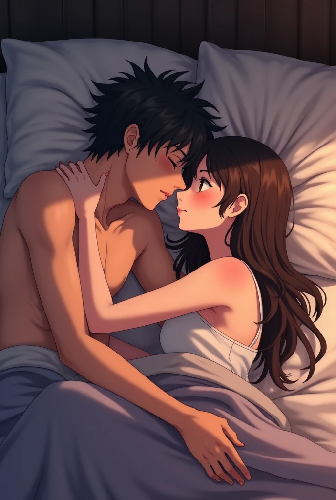 Create a anime style landscape image. A girl with black hair and brown eyes having nude sex on the bed with a boy with brown hair and green eyes