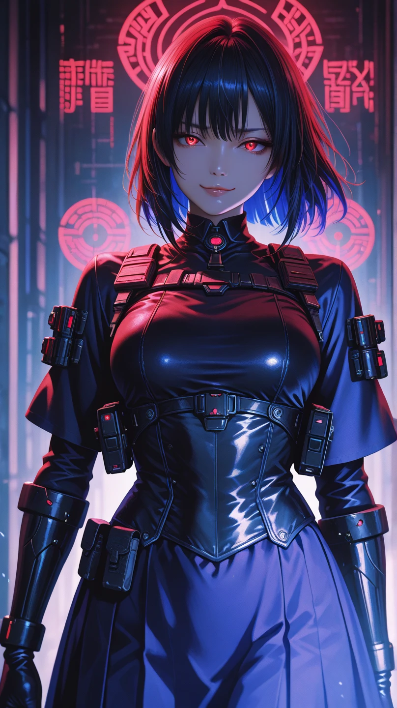 shortage々in a cyberpunk metropolis、a stunning female figure emerges from a smoky haze。her determined gaze pierces the darkness、her short neon blue hair frames her enhanced eyes、it glows with a mischievous hint。beneath an open firefighter jacket, a futuristic armor adorned with vibrant orange and red accents.、her average chest is subtly emphasized。towering skyscrapers of a dystopian cityscape、Neon Signs、and her hazel eyes glow with confidence as she stands amidst the rising smoke。The lighting is alluringly、casting deep shadows that highlight the intricate textures of her cybernetic enhancements、neon reflections dance across her entire outfit。