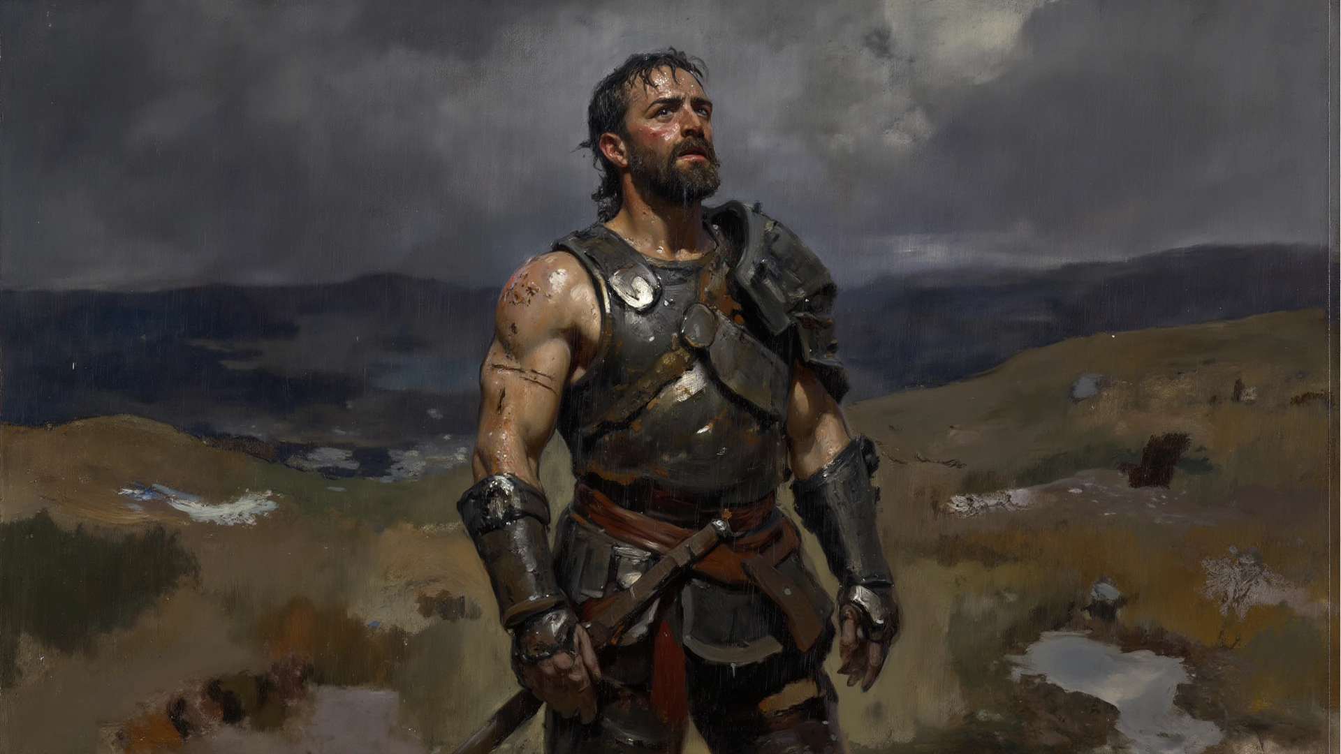 painting of a Scandinavian warrior with an axe, dark atmosphere, cinematic scene, volumetric lights, ultra realistic, in the style of nicola samori
