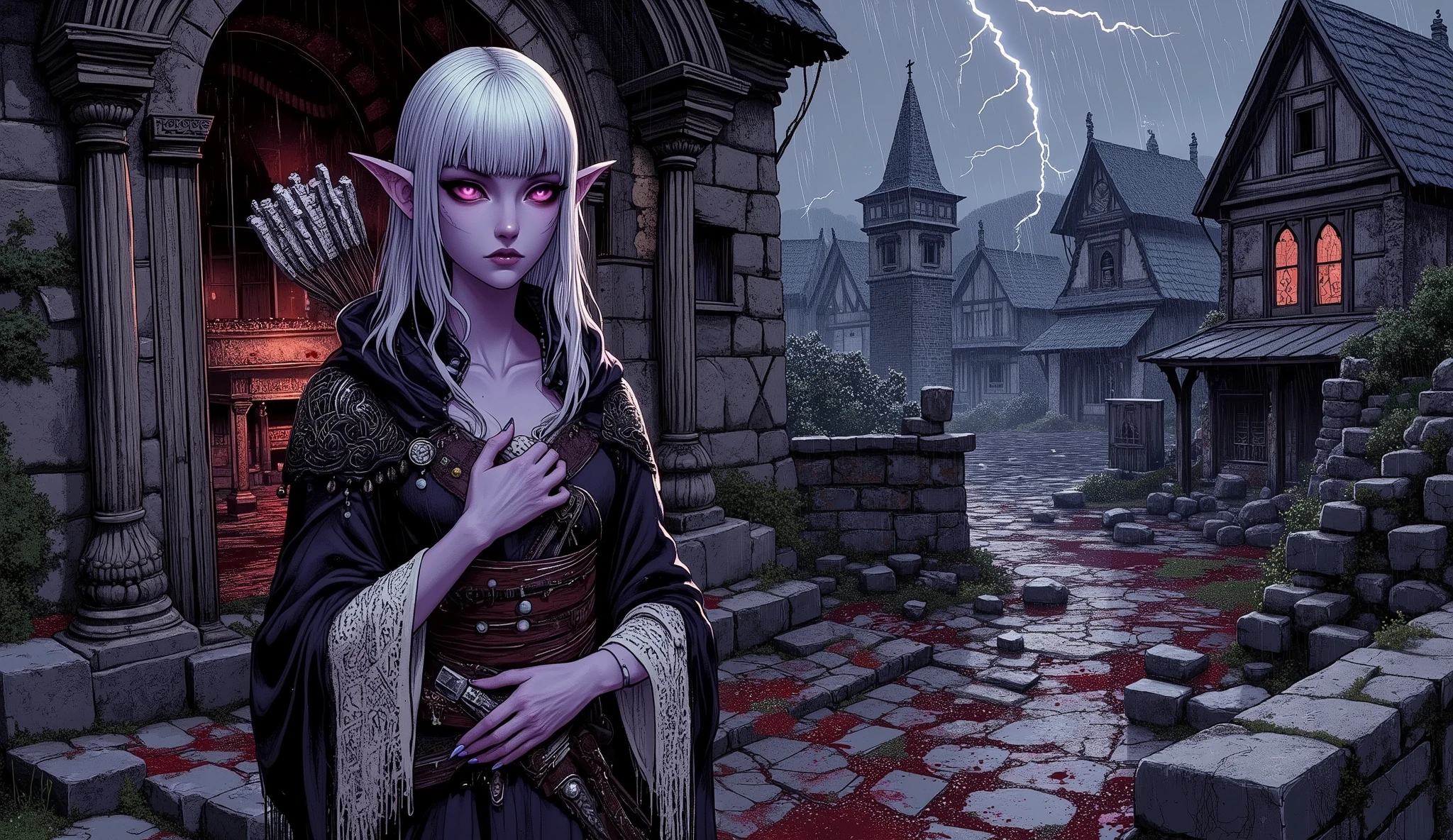 (A fusion of Ukiyo-e and dark fantasy. Aesthetic and gothic digital art. Illustration from a bird's eye view.) BREAK (White hair. Blunt bangs. White eyebrows. Long white eyelashes. Almond-shaped eyes. Lavender eyes. Dark, thick eyeliner. Small pink lips. Slightly pointy ears. Dark purple skin. Thin limbs. Thin fingers. White fingernails. One thumb and four fingers accurately drawn.) BREAK (A solemn dark elf vampire hunter, her long, raven hair streaked with silver, stands at the precarious entrance of a ruined Romanian Orthodox church. Her hooded cloak is drenched by the furious downpour, and her glowing, crimson eyes scan the desecrated altar, which bears evidence of a brutal attack. Jagged lightning rips through the inky sky, briefly casting a sharp, ethereal glow on her lean, agile form and the ornate, silver-adorned crossbow slung across her back. Ancient, moss-covered stones litter the ground, and broken icons of saints are scattered amidst fresh bloodstains. Medieval Romanian village in the distance, moody, dark fantasy art, incredibly detailed, rain effects, dramatic shadows, eerie, high resolution.)