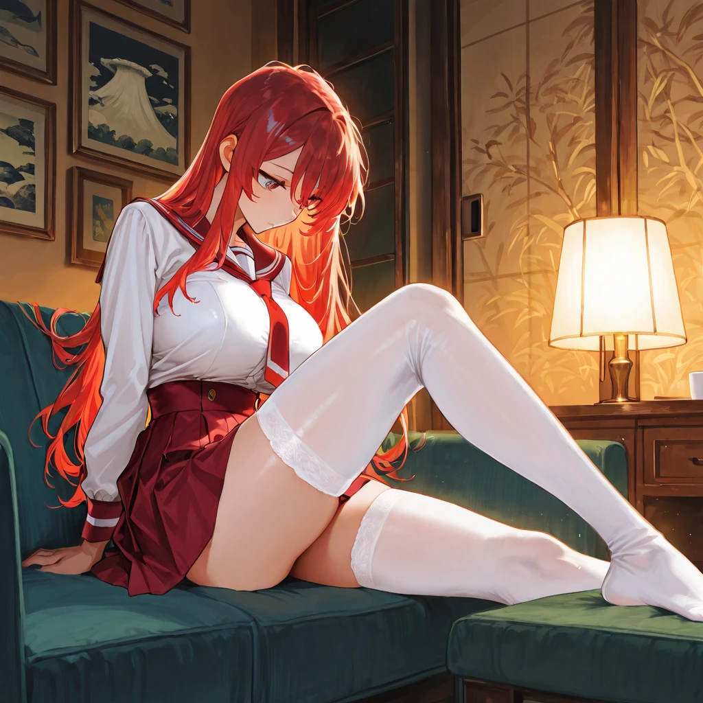 (masterpiece, best quality), 1girl, beautiful face,  rias_gremory, long hair, ahoge, hair between eyes, school uniform, pleated skirt full body