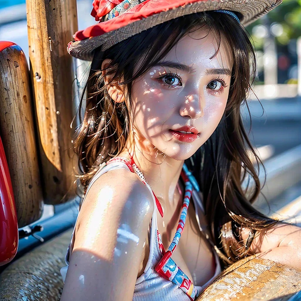 arafed asian woman in a hat posing in front of a pool, blackpink jennie, ulzzang, wan adorable korean face, tzuyu from twice, bae suzy, wearing a chocker and cute hat, hot with shining sun, wearing two - piece swimsuit, wearing a cute hat, sha xi, jinyoung shin, jisoo from blackpink, is wearing a swimsuit