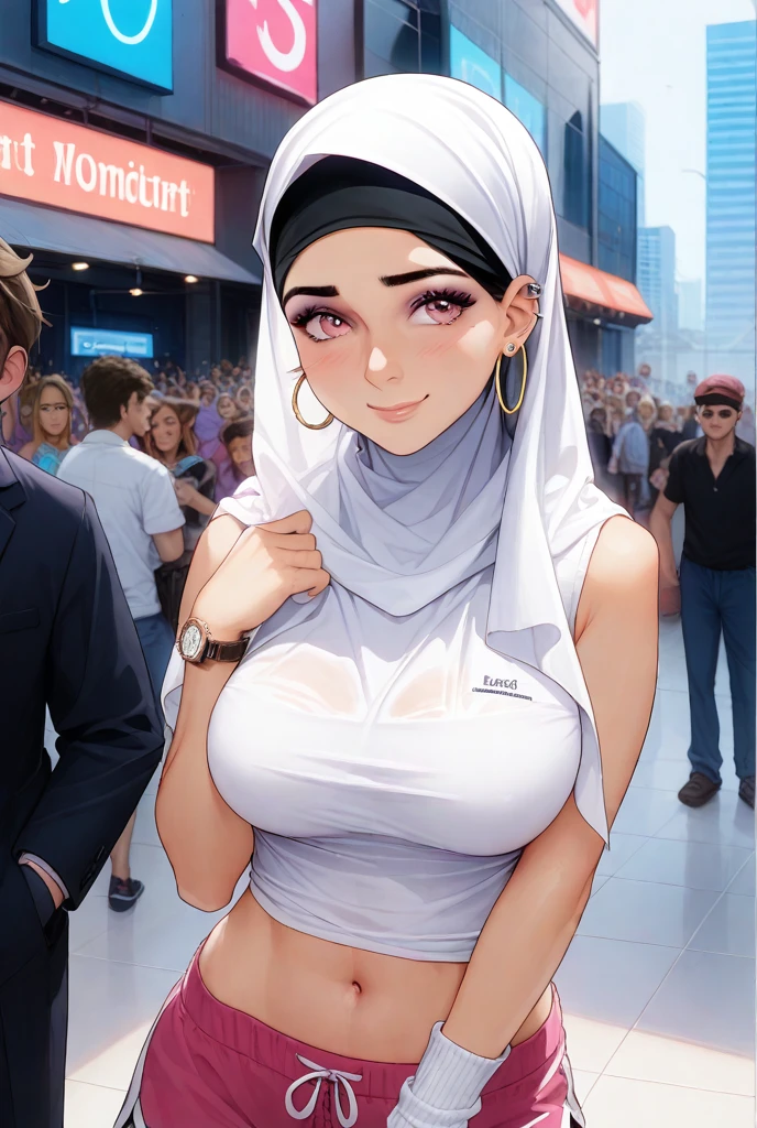 Malaysian woman (age 40), hijab no hair showing, cute face, extremely busty, comically busty, no bra, erect nipples, curvaceous body, hourglass figure, in a miniskirt and crop top, shopping and flirting in Bangkok, man hungry, lusty, no nudity, safe for work, A cute Malaysian woman, aged 40, wearing a hijab without showing her hair, stands out with her attractive face. She has extremely noticeable and well-endowed breasts, accentuating her curvaceous body with an hourglass figure. She confidently struts around in a fashionable miniskirt and a stylish crop top, drawing attention to her alluring appearance. As she explores the bustling streets of Bangkok, she effortlessly exudes an aura of confidence and charm, captivating those around her. The air is filled with excitement as she indulges in a shopping spree, displaying her vibrant personality and zest for life. With an appetite for connections and passion, she engages in flirty encounters, leaving men captivated and craving for more. The scene is full of anticipation and desire, as she navigates the vibrant city with grace and allure, making every moment a lust-filled adventure. The artwork exudes high quality, bringing out the richness of details in the woman's captivating features and the vibrant surroundings. Through realistic and vivid colors, the image takes on a photorealistic style, accentuated by expert lighting techniques. The overall composition evokes a sense of intrigue and seduction, capturing the essence of this Malaysian woman's empowering presence in the cosmopolitan ambiance of Bangkok. No nudity, safe for work