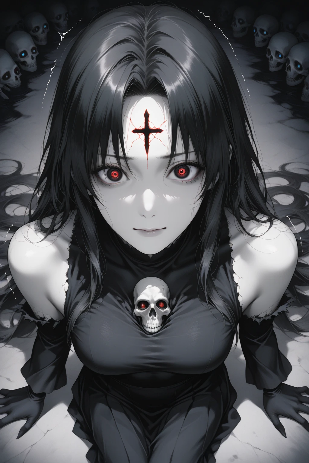 A anime gril with light white dress. She dressed by a top and pants. Her hair is long black and one line is white. Her eyes are big. She has ed face. She has fatty shaped body. A holy cross black tattoo on her chest. She has large boobs. Behind her there a few demons looking at her. That demons have red eyes. The girl not scared because she is the leader. There are few tattoos on her. She has a bow, there are highlight red lines on bow. There is shining ring above her head it concluded some arabic fonts.