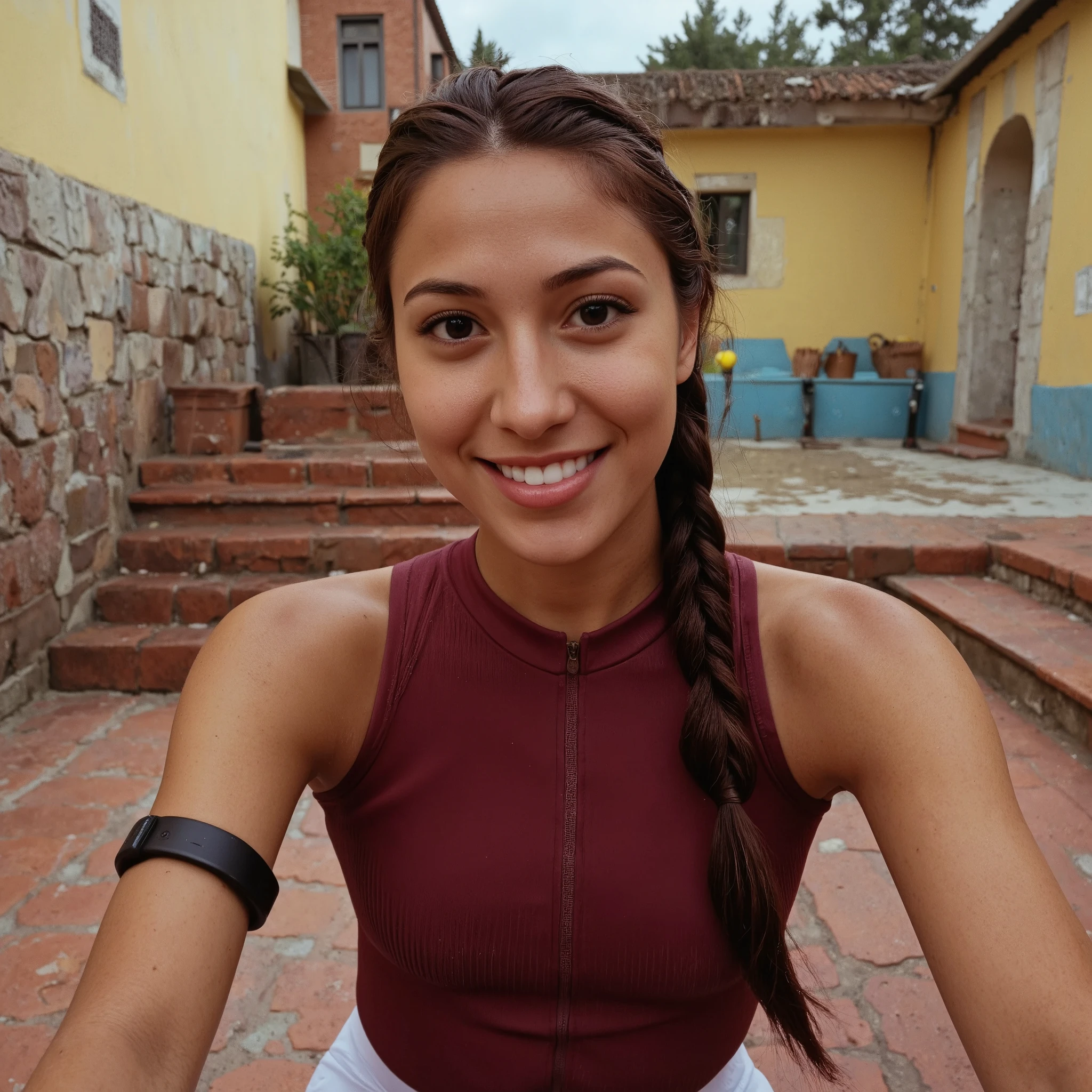 A hyper-realistic, ultra high-definition wide-angle selfie of a sporty young woman with medium-tan skin and long, thick black hair styled in a braid. She is smiling confidently, looking directly at the camera from a low angle that slightly exaggerates perspective, giving the image a dynamic, immersive feel. She wears a tight maroon cycling jersey with a central zipper and form-fitting white cycling shorts, showcasing the realistic stretch and texture of the fabric. Her muscular legs and arms are naturally highlighted. She has a matte black smartwatch on her wrist. The lighting is soft but cinematic, with high contrast and warm ambient tones. The color palette is highly saturated and dramatic, inspired by Pedro Almodóvar’s films — vivid reds, deep yellows, bold blues — giving the scene a rich emotional intensity. The background features a worn yellow-and-blue wall, and sleek yellow racing bicycles resting on rustic tiled steps. The entire image is rendered with deep shadows, intense highlights, and film-style color grading, capturing lifelike skin, realistic textures, and emotional depth in 8K clarity.