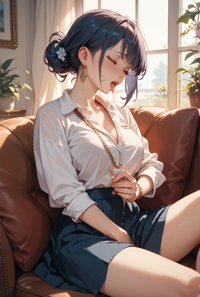 Front view of A girl in a dress answering a phone call while sitting on a couch. Perfect body