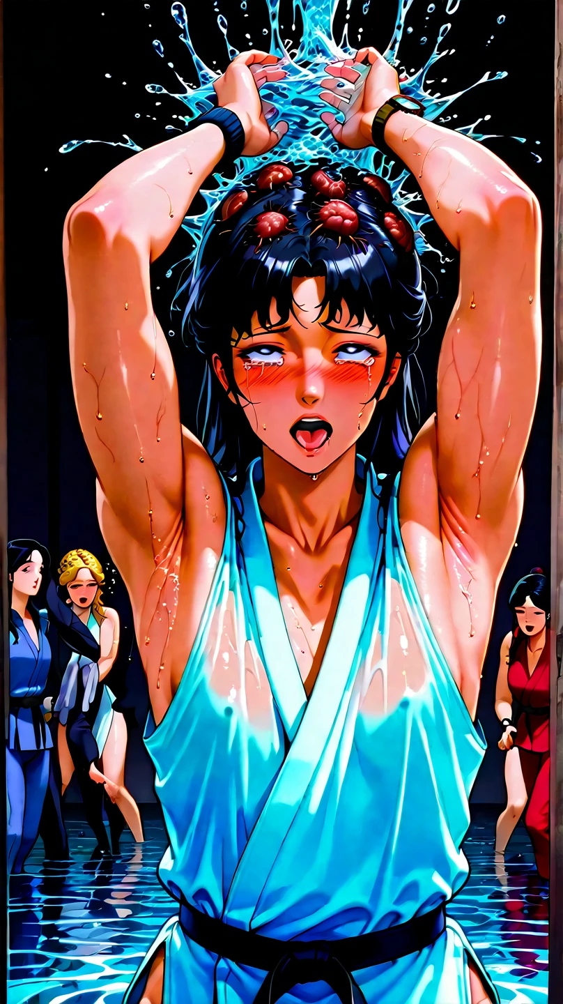 1990s (style), 1980s (style), retro artstyle, Browsing Caution、Highest quality, masterpiece, Ultra-high resolution,Mai Shiranui, Highly detailed and mean faces, Long eyelashes、Red cheeks、Beautiful belly button、A supple, sweaty body