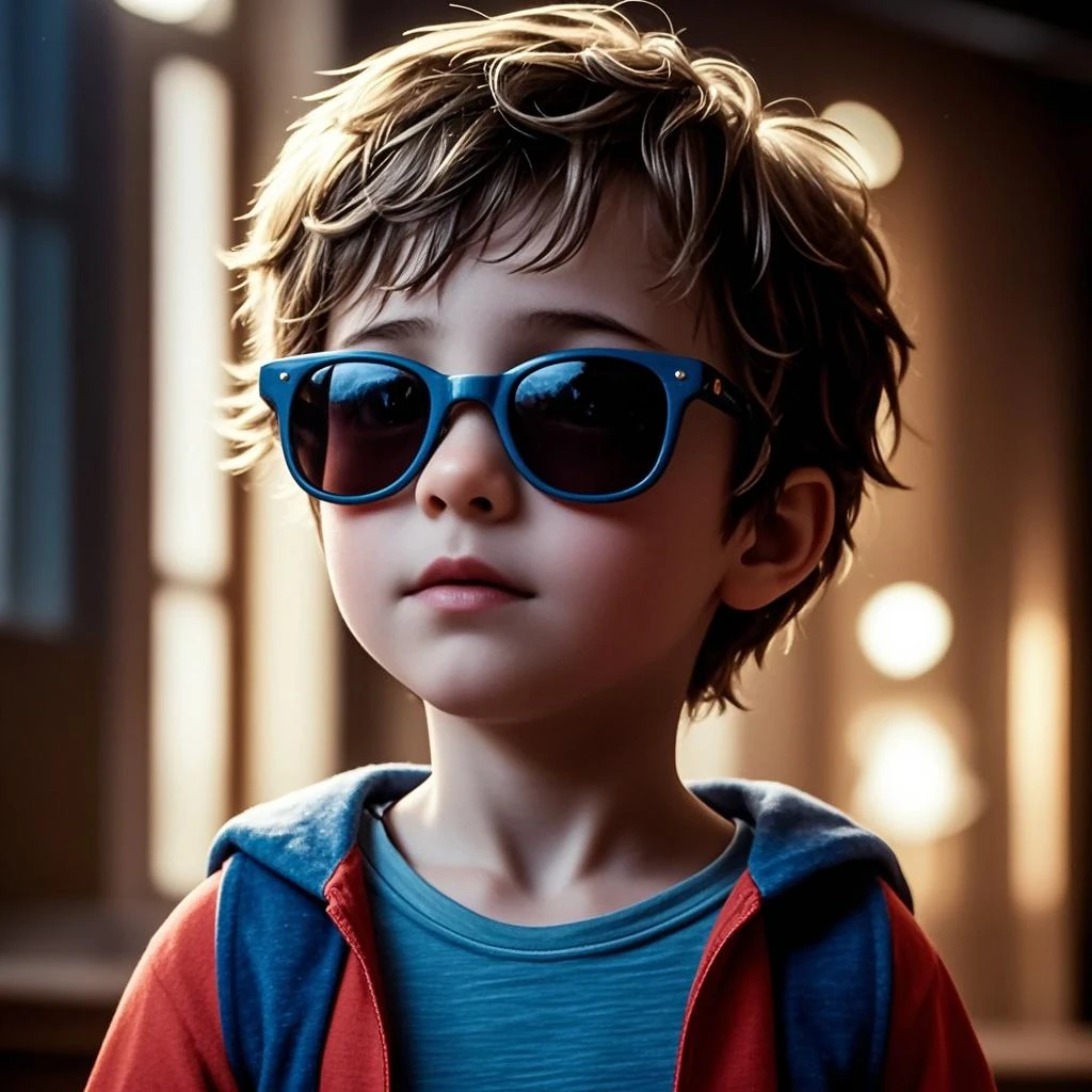 Capture the charm of a 3-year-old boy wearing glasses, his face beaming with a heartwarming smile as he gazes directly into the camera. His youthful face and skin are impeccably detailed, showcasing every nuance and innocent expression.The background features a theme park or amusement park setting, but intentionally blurred to create a strong bokeh effect, with a cloudy day providing soft and gentle lighting. This subdued lighting should cast a warm, diffused glow over the boy's face, accentuating his adorable features.The image should be crafted with extreme attention to detail, reminiscent of the beloved Disney Pixar style. This style is known for its lifelike yet charming character design and attention to facial expressions and details.The boy's clothing and appearance should be in line with the style, emphasizing the unique Pixar charm. The setting should include elements of a theme park, such as colorful attractions and a playful atmosphere, although these should be subtly and artistically blurred to maintain the focus on the boy.The resulting image should encapsulate the heartwarming and emotive qualities characteristic of Disney Pixar's storytelling, creating a captivating moment that resonates with viewers.