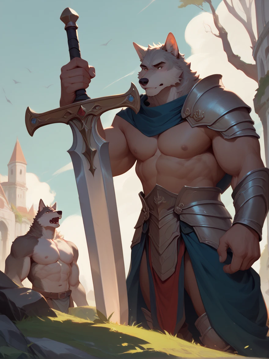 Solo Sexy young anthro furry wolf male mercenary medieval solider, slim slim muscular, anthro handsome gay shorter muzzle, handsome gay model male apperance, sword scars, worn out leather skimpy armament, low on hips heavy leather belt, linen white loincloth dirty cum, erection of dick, hard dick, cum cumdrop, hard dick erection, studded skimpy armlets breastplate armor, skimpy breastplate, leather bondages, fingerless leather gloves, smelly unwashed black furr, dirty body look, desert battlefield, standing in sexy fighting position, close view of full character