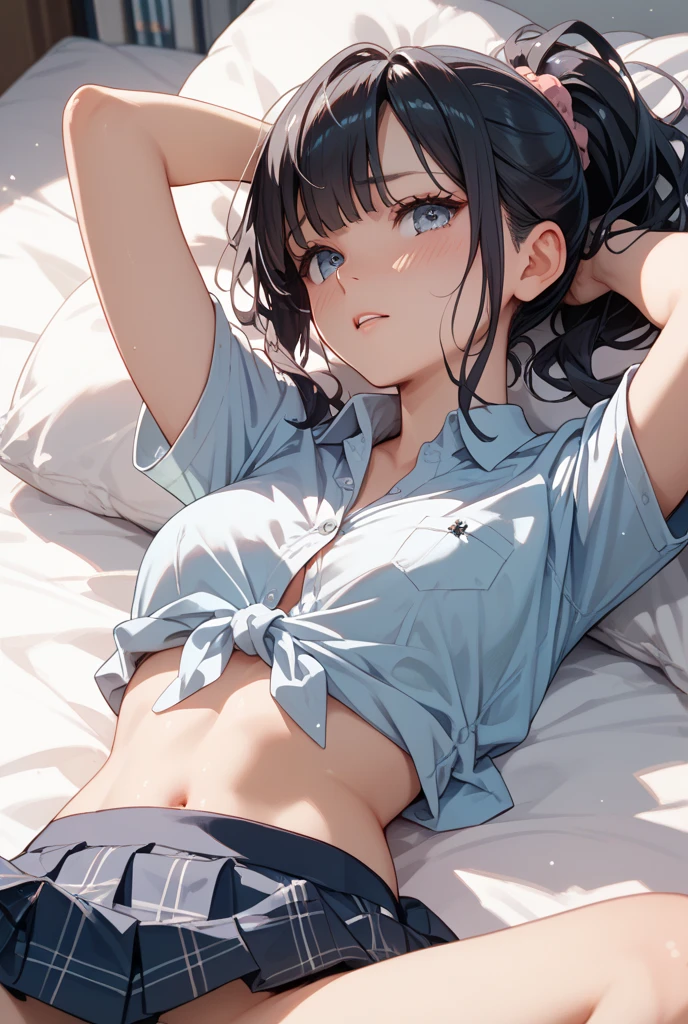 1 woman, HD quality, (solo:1.9), (ahegao:1.5), (orgasm:1.6), (drooling:1.3), smile, steam, (sheer white long thigh-high socks:1.5), (sheer white satin long gloves:1.3), (glowing eyes), best ratio four finger and one thumb, (Open legs:1.7), (Large breasts), cleavage, (sitting on a bed with one knee up:1.6), (Green eyes:1.3), (Crop Top white shirt:2.0), (Micro thong:1.5), (under boob:1.7), (Sailor uniform only for the upper body:1.5), (white short shirt), blue sailor collar, (Navel), (black high-heeled shoes:1.5), (red ribbon tie:1.1), side ponytail
