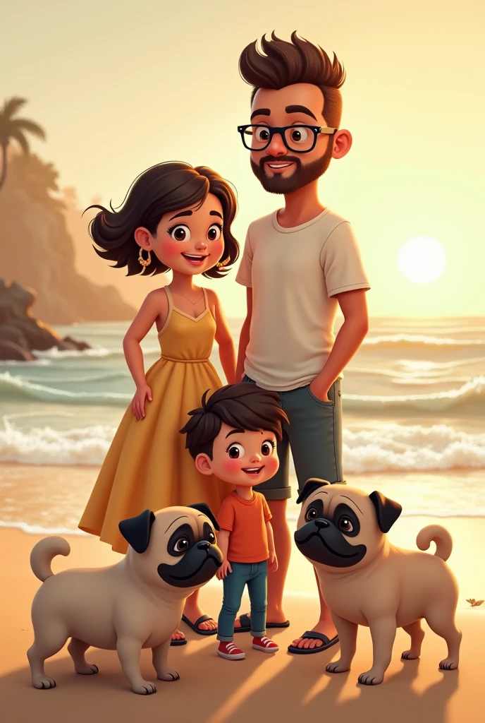 Tall man wearing black prescription glasses with black wavy hair, a little chubby, shorts, flip-flops and a black long-sleeved shirt holding hands with a black-haired child, pink dress holding hands with a woman with short, very curly dark red hair all from behind