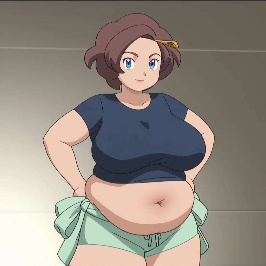 ((Table t○p, highest quality, Hi-Res Lucifer,Anime Screen Capture、Pixel Perfect, 8k、Browsing Caution、Sex)))、Perfect Anatomy、Miyu Kato、(((Maintenance Staff、Chubby、Big Breasts、Wide Hips、Wide Hips、Thick thighs、Hands on Hips)))、(Black baseball cap)、(((short hair、Long sideburns、Single Braid Ponytail、Brown Hair)))、((Orange Bikini、Shirt lift、White T-shirt、Green Cargo Pants)))、Brown gloves、Sweat,(Green Eyes)、 ((Grin、blush))、(Dark Concrete Floor)