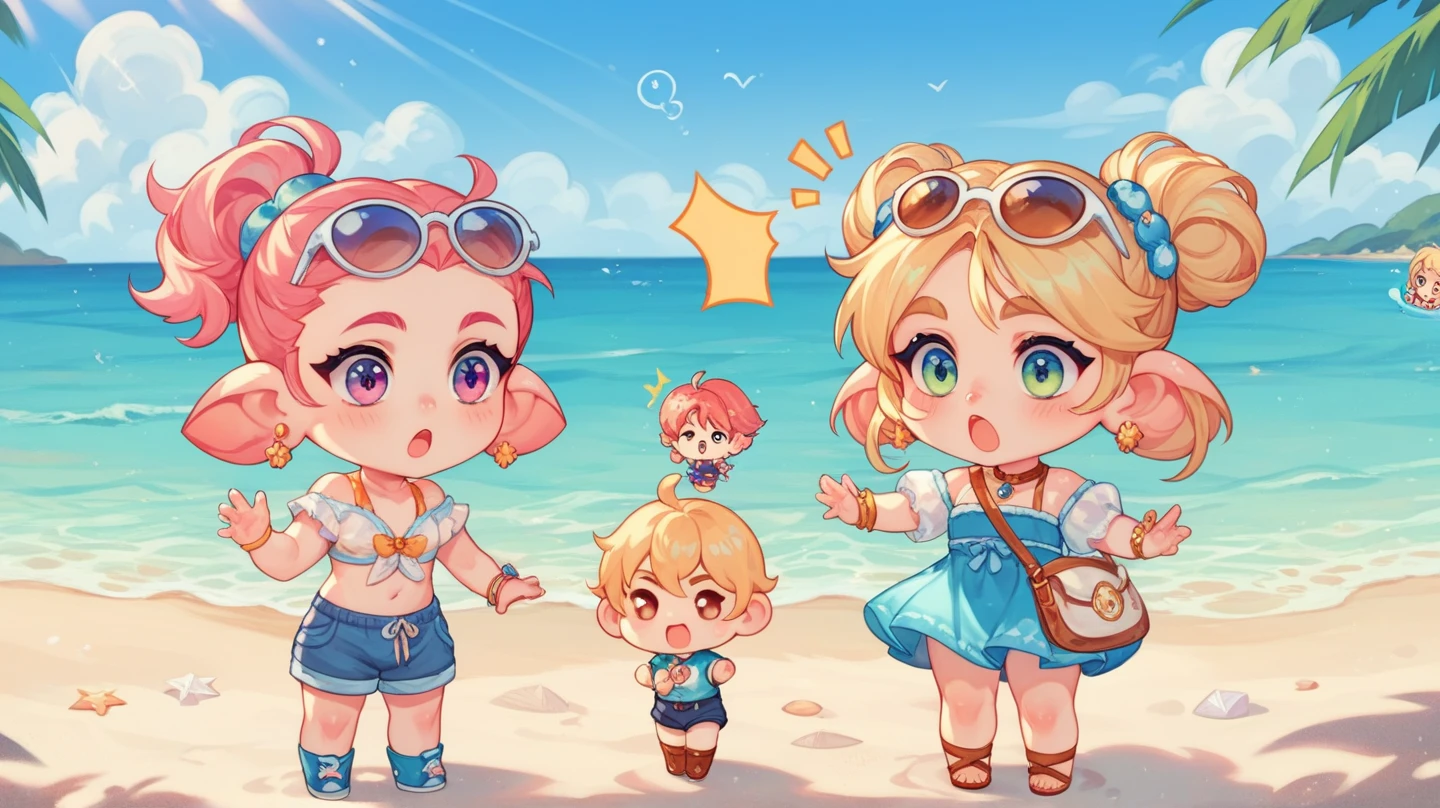 camisole、Wearing short jeans pants、Pink eyes,(Pale pink long hair girl)、Forehead exposed bun hairstyle、Paint a rainbow on a blue sky background、Play with a water gun、Cartoon style character design，interesting，interesting，Clean Lines