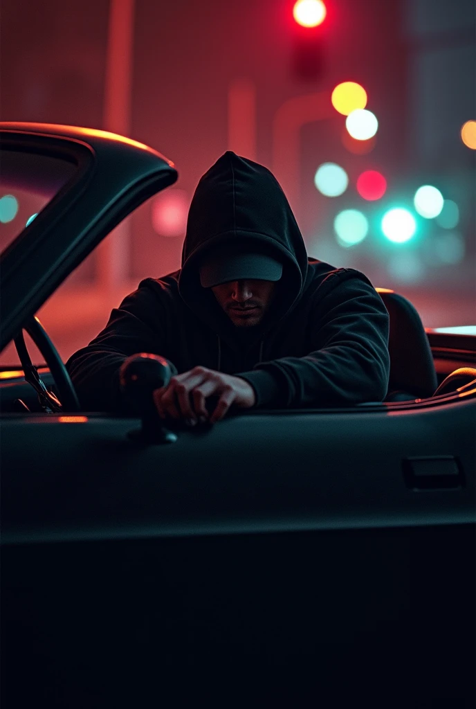 Create an image of a man in a hood without showing his face, sitting on top of a luxury car, parked in a city at night. City lights reflect on the car, creating a mysterious and urban atmosphere.