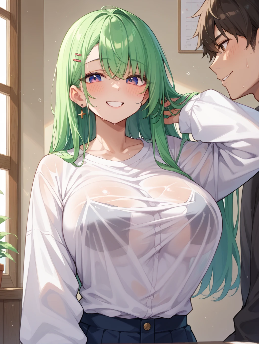 (Masterpiece, Top quality: 1.5), nsfw, (1boy and 1girl are having sex :1.3), (Kochiya Sanae :1.3),(breast grab from behind:1.3), a boy is with black hair, (nude :1.4), (large breasts:1.3), well endowed, standard weight, green Hair, 16 year old, (pubic hair:1.3), (flustered:1.3), sexual climax:1.2, open mouth, (cum :1.4), closed eyes, bed room
