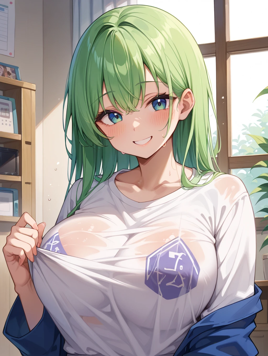 Cute naughty mage girl, Pastel colors hair, small breasts, Thighs, lime green hair, (naked:1.2), high ponytail, medium hair, standard height, (disdain:1.3, jitome, simple dead eyes, droopy eyes, smirk, sleepy), at the adventurer's guild, A bulletin board with posted paper