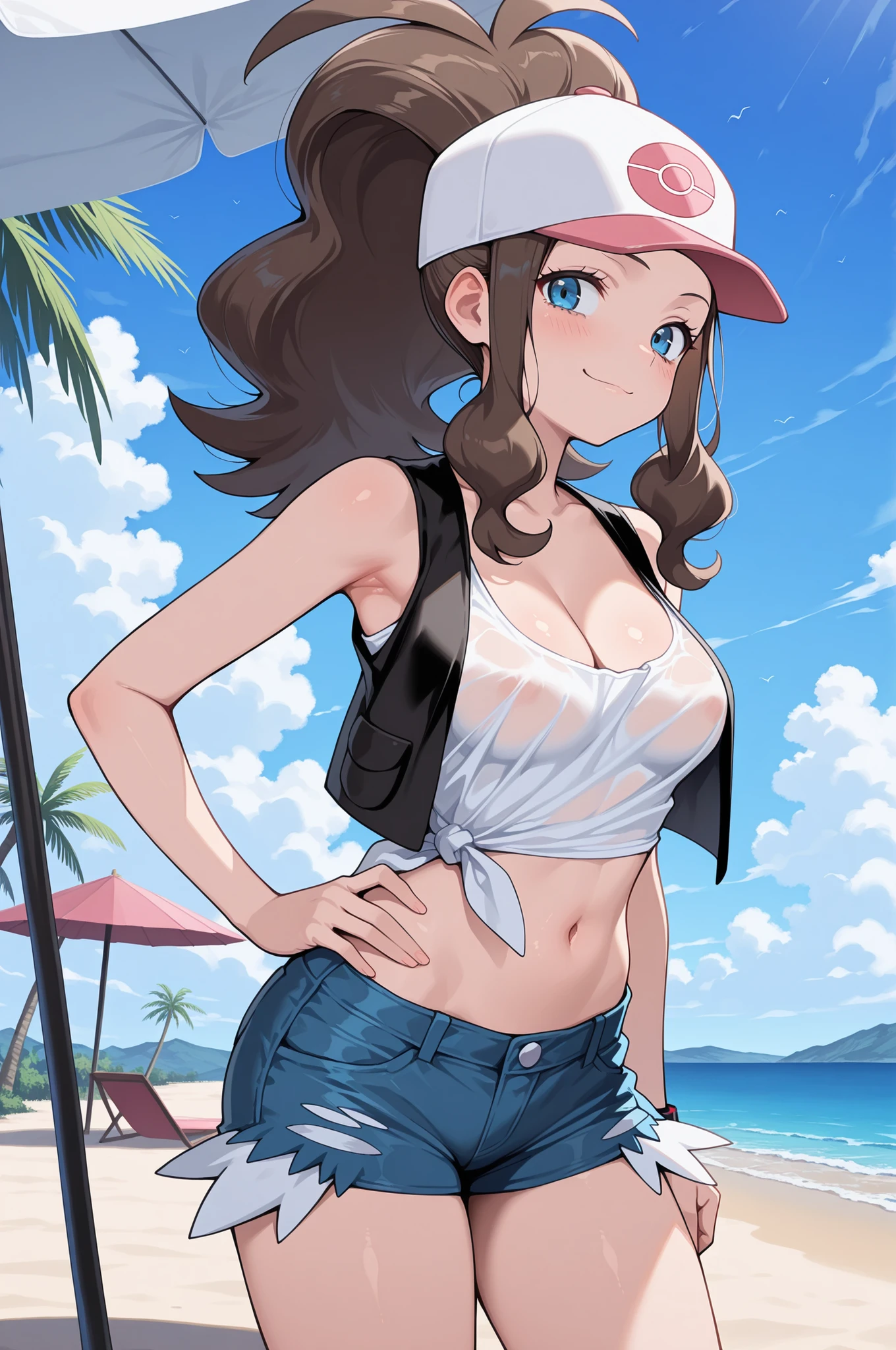 1girl,solo,(masterpiece, best quality, amazing quality:1.4), hilda, hilda (pokemon), blue eyes, brown hair, long hair, ponytail, medium breasts, cleavage, mature female, anime screencap, baseball cap, blue shorts, denim, white shirt, no bra, crop top, tied shirt, sleeveless, black vest, smug, hand on own hip, Beach, parasol stand, palm tree, cowboy shot, looking at viewer