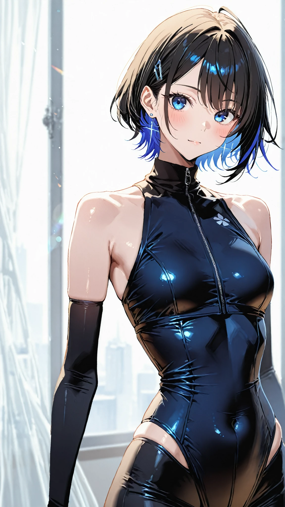 ((​masterpiece、top-quality:1.5、a high chroma:1.5、ultra-detailliert、high-resolution illustrations:1.5、Ultra-high-definition CG、8k size wallpaper、offcial art))、,(cute face:1.5)、(clear face:1.3),
 ((Blue-only color scheme:1.5)),(),(blue eyes),(strapless leotard),(), ((medium breasts))、
,(),()、(cowboy shot)、,girl,