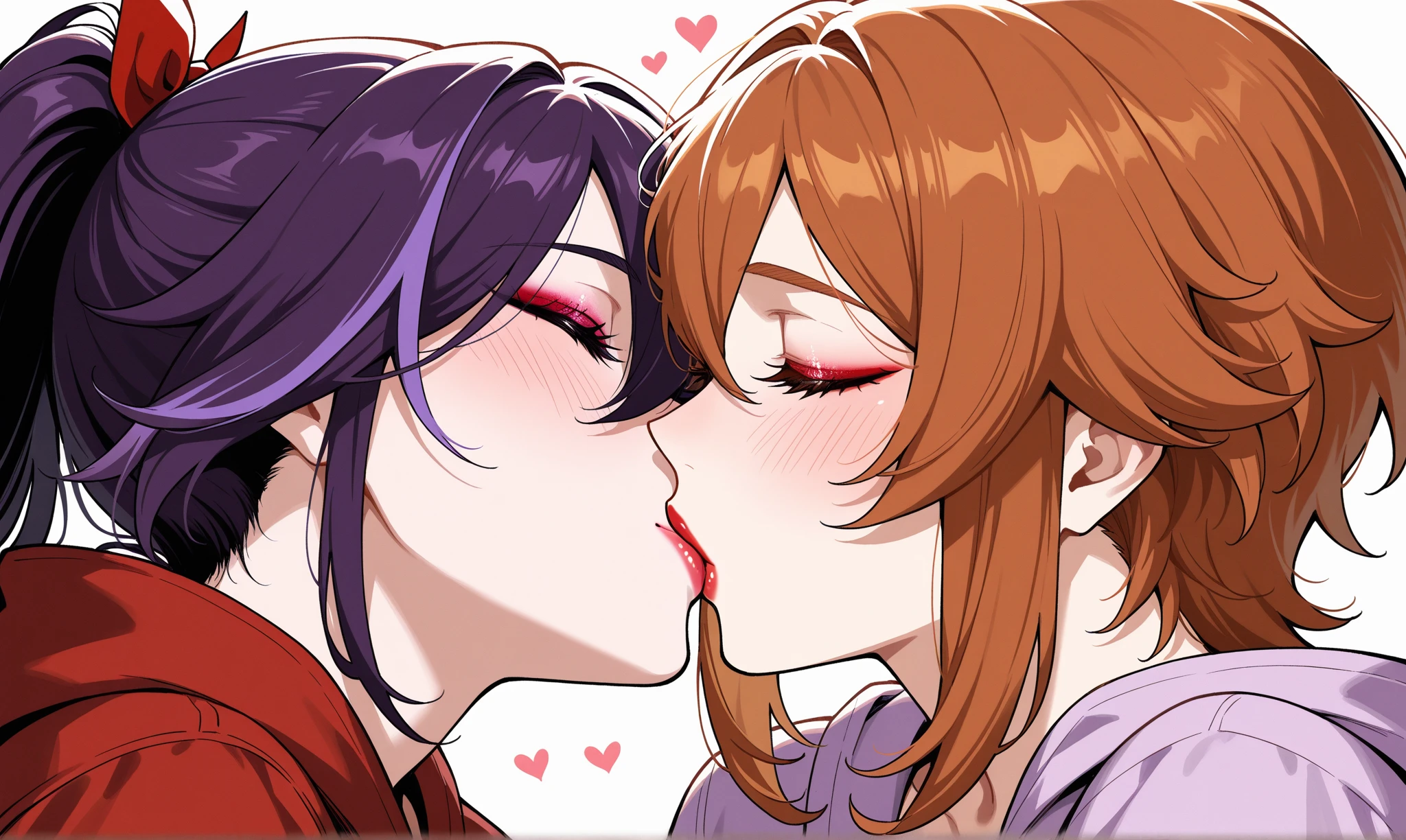 Maki nishikino,love live,highres,red hair , purple eyes,blush ,2girls ,after kiss, , blood from mouth ,eye contact , hand on another's face ,looking at another , otonokizaka  ,simple background, tongue, tongue out , upper body ,white background , yuri, saliva trail 